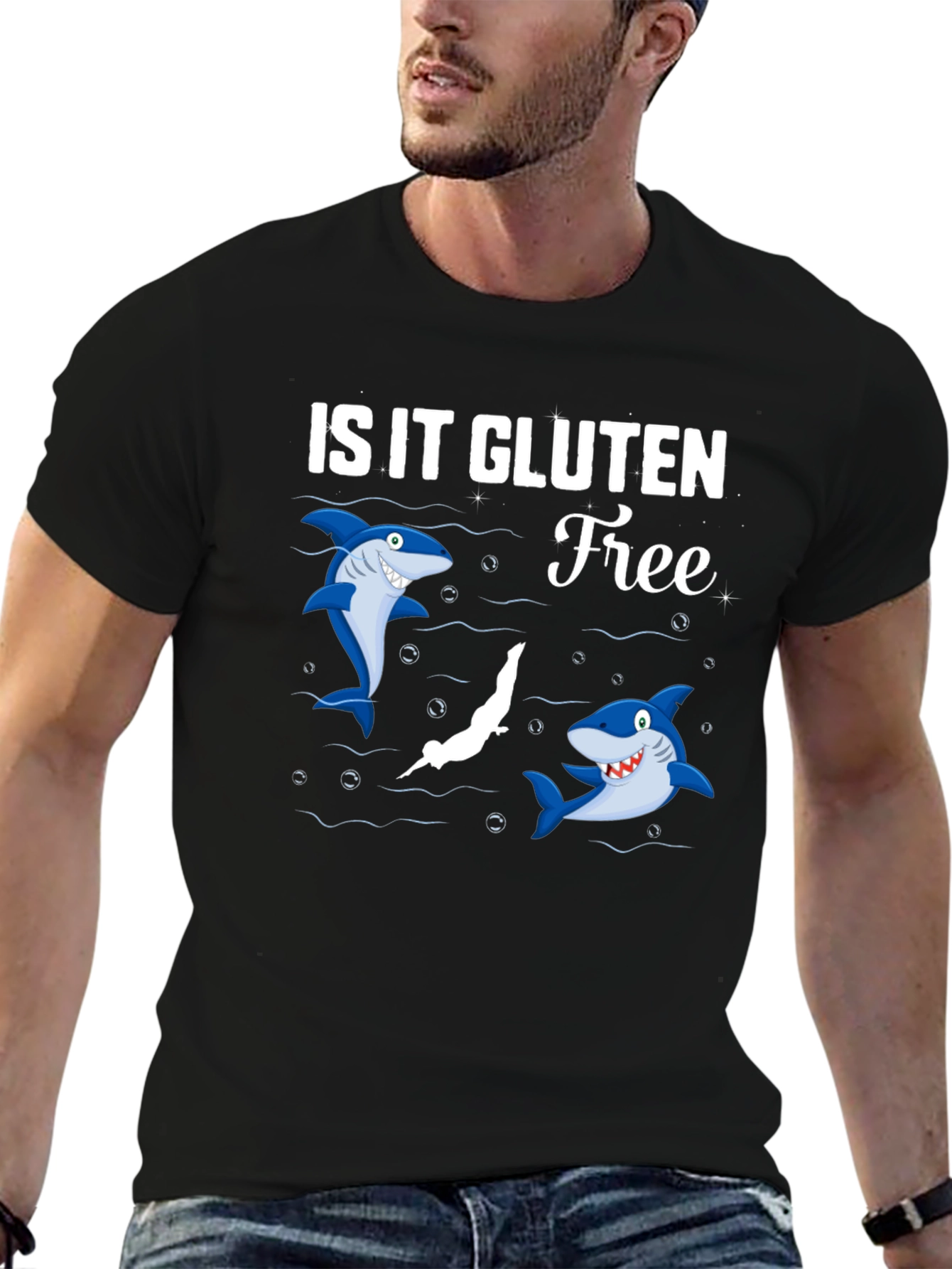 Black Is It Gluten Free T-Shirt Funny Shark Diver Tee view 6