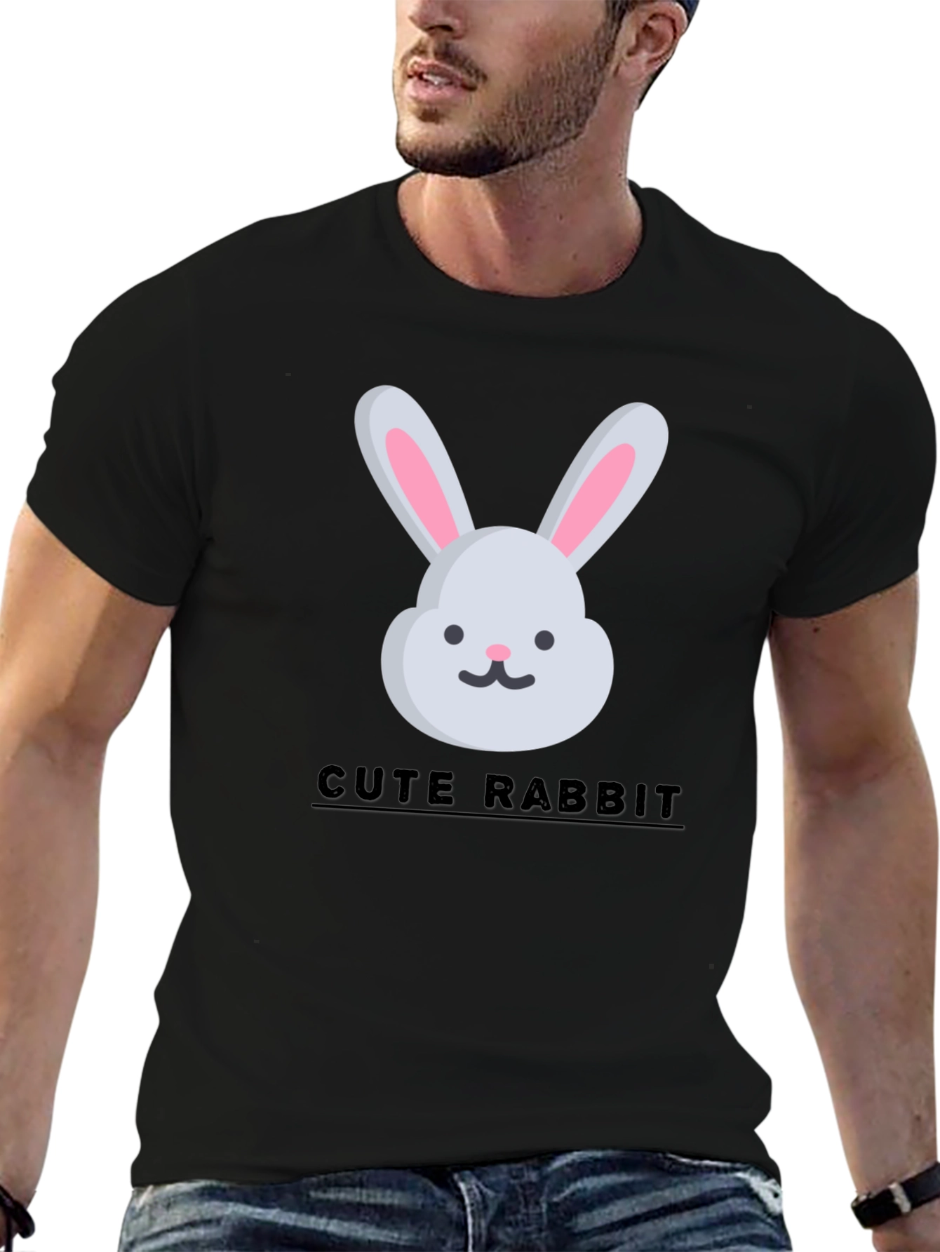 Black Cute Rabbit Graphic Tee - Trendy Unisex T-Shirt view 6