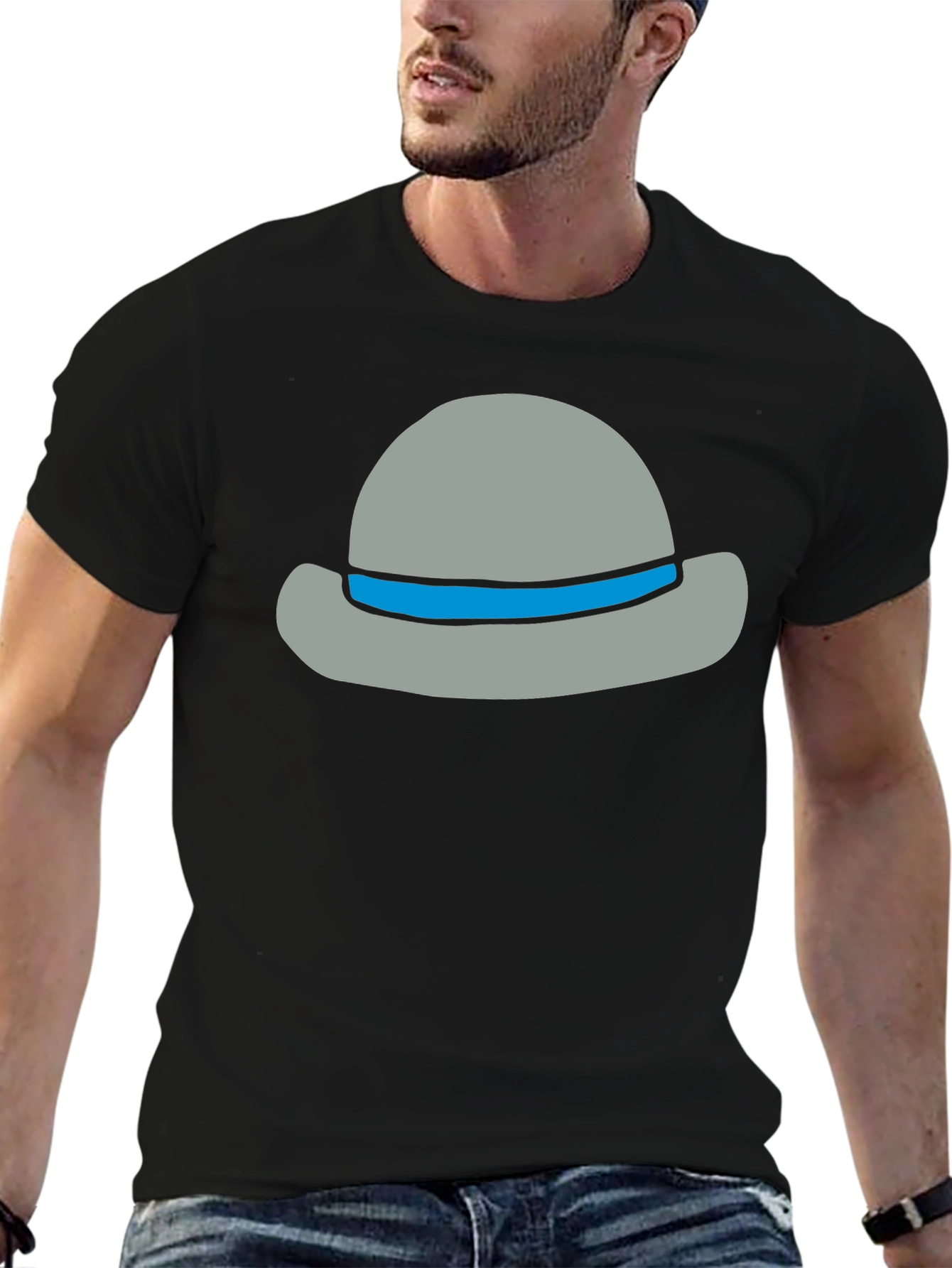 Black Stylish Cartoon Hat Graphic Tee - Unisex Cotton Blend view 6