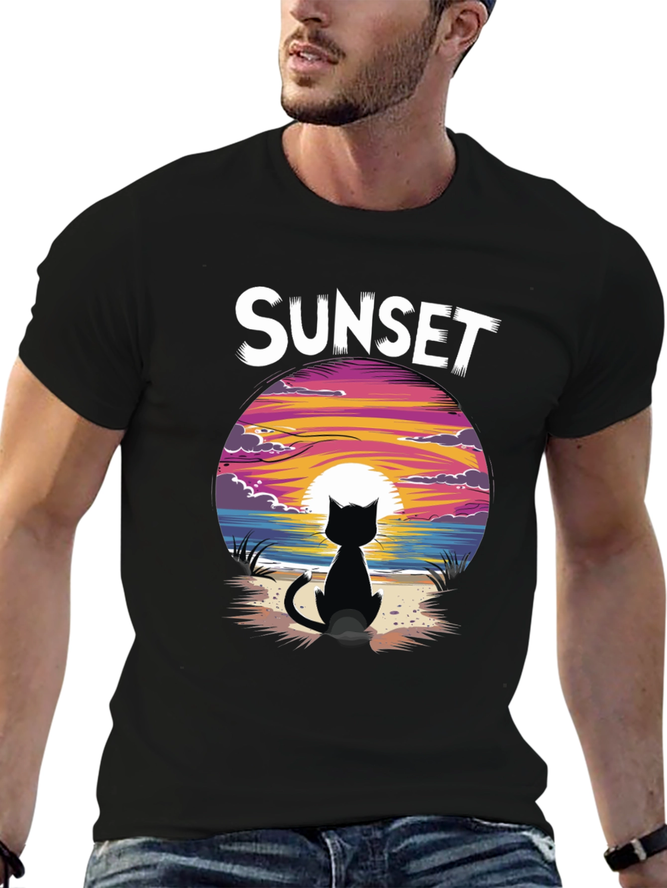 Black Sunset Cat Graphic Tee - Stylish Unisex Cotton T-Shirt view 6