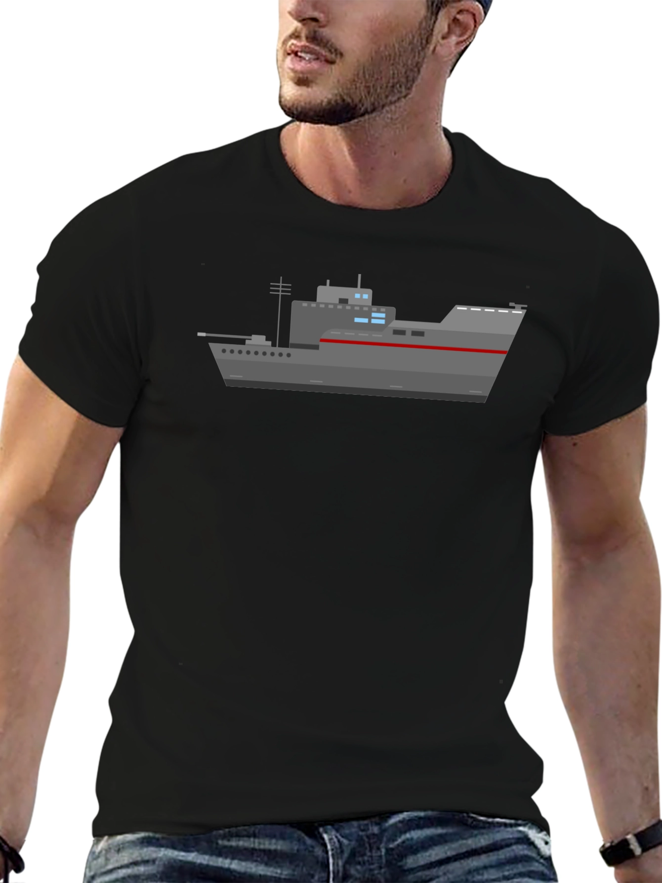 Black Naval Ship Graphic T-Shirt - Black Crew Neck Tee view 6