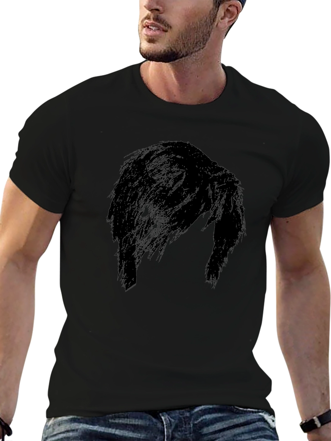 Black Men's Black Graphic Tee - Mysterious Hair Silhouette Design view 6
