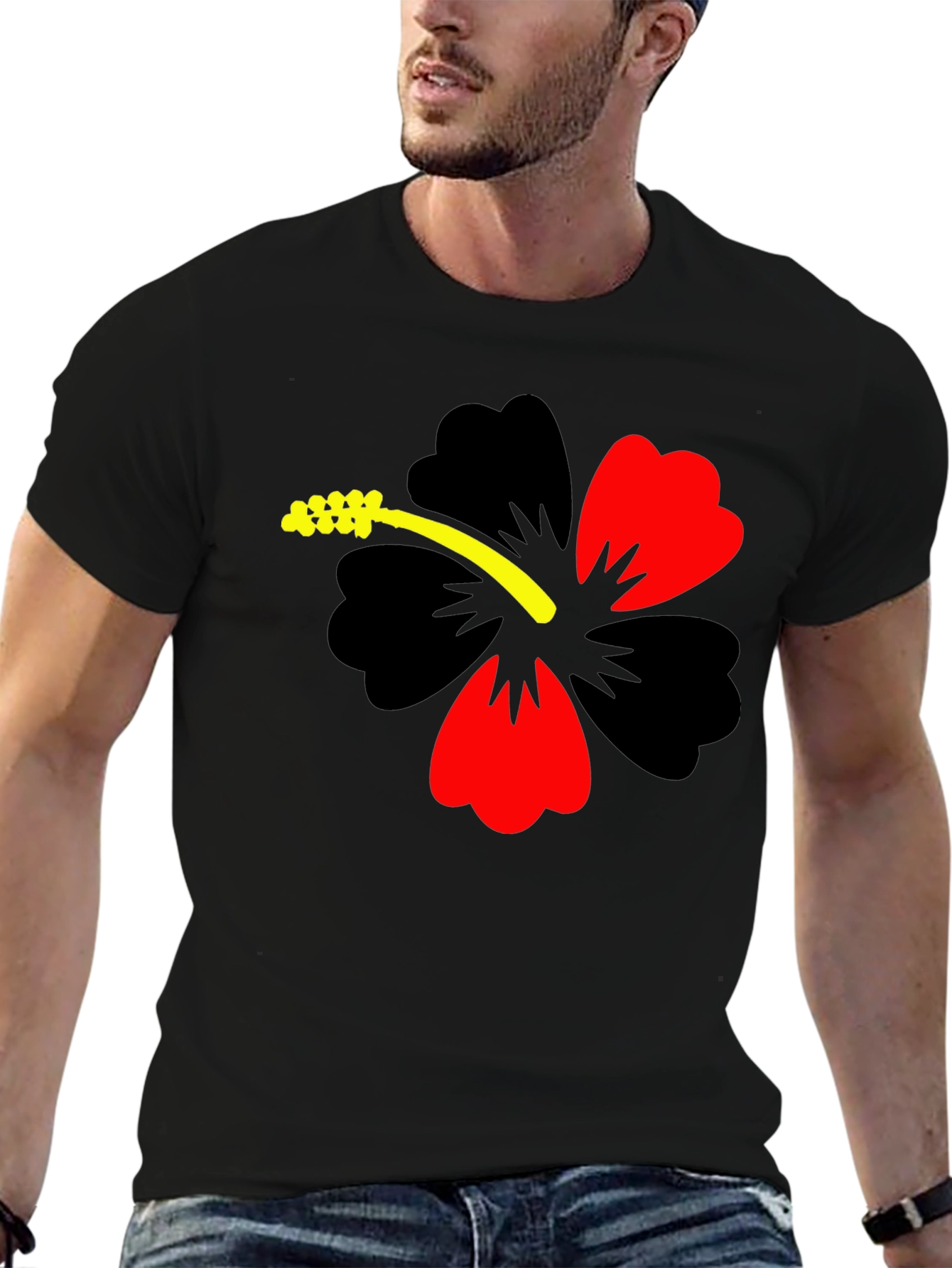 Black Hibiscus Flower Graphic Tee - Casual Black T-Shirt view 6