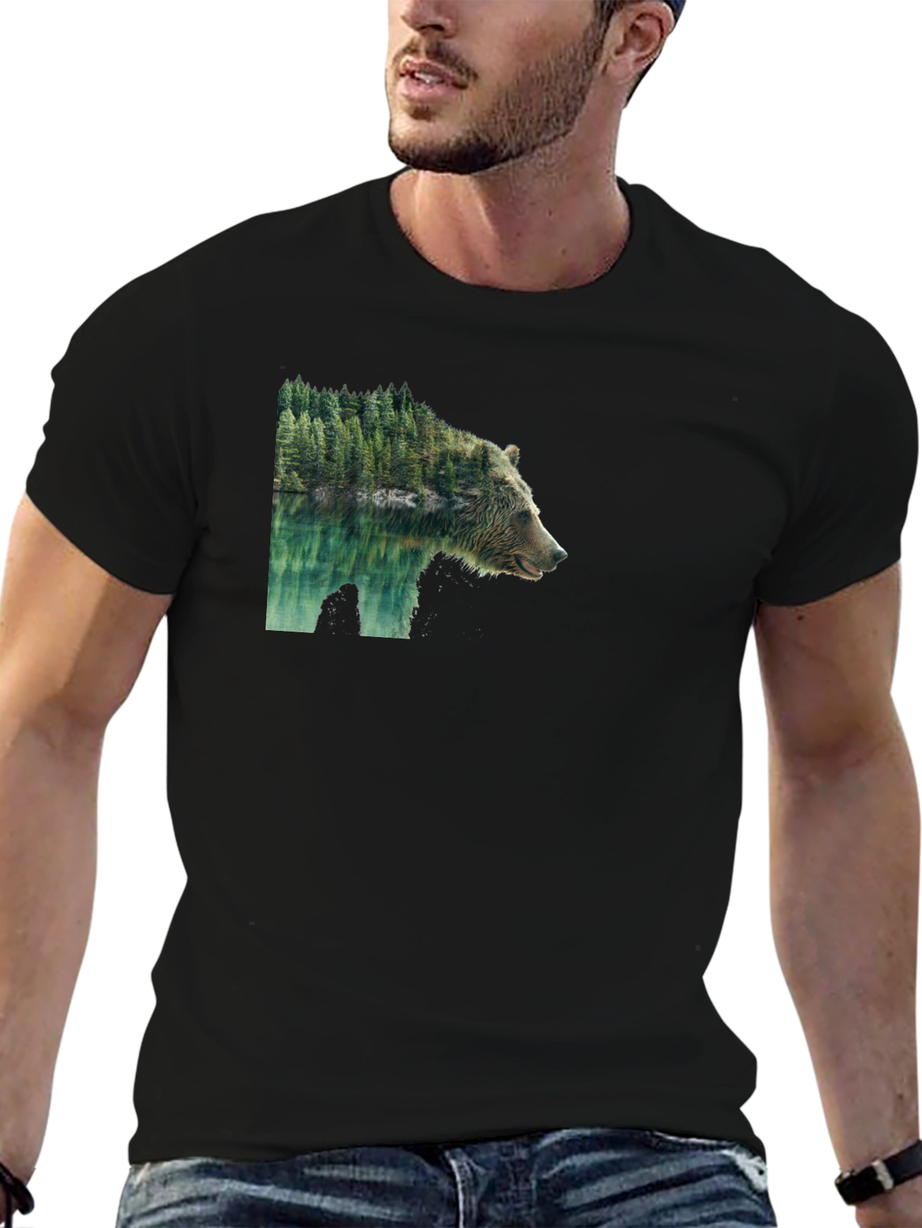 Black Bear & Forest Graphic Tee - Nature Inspired Print view 6
