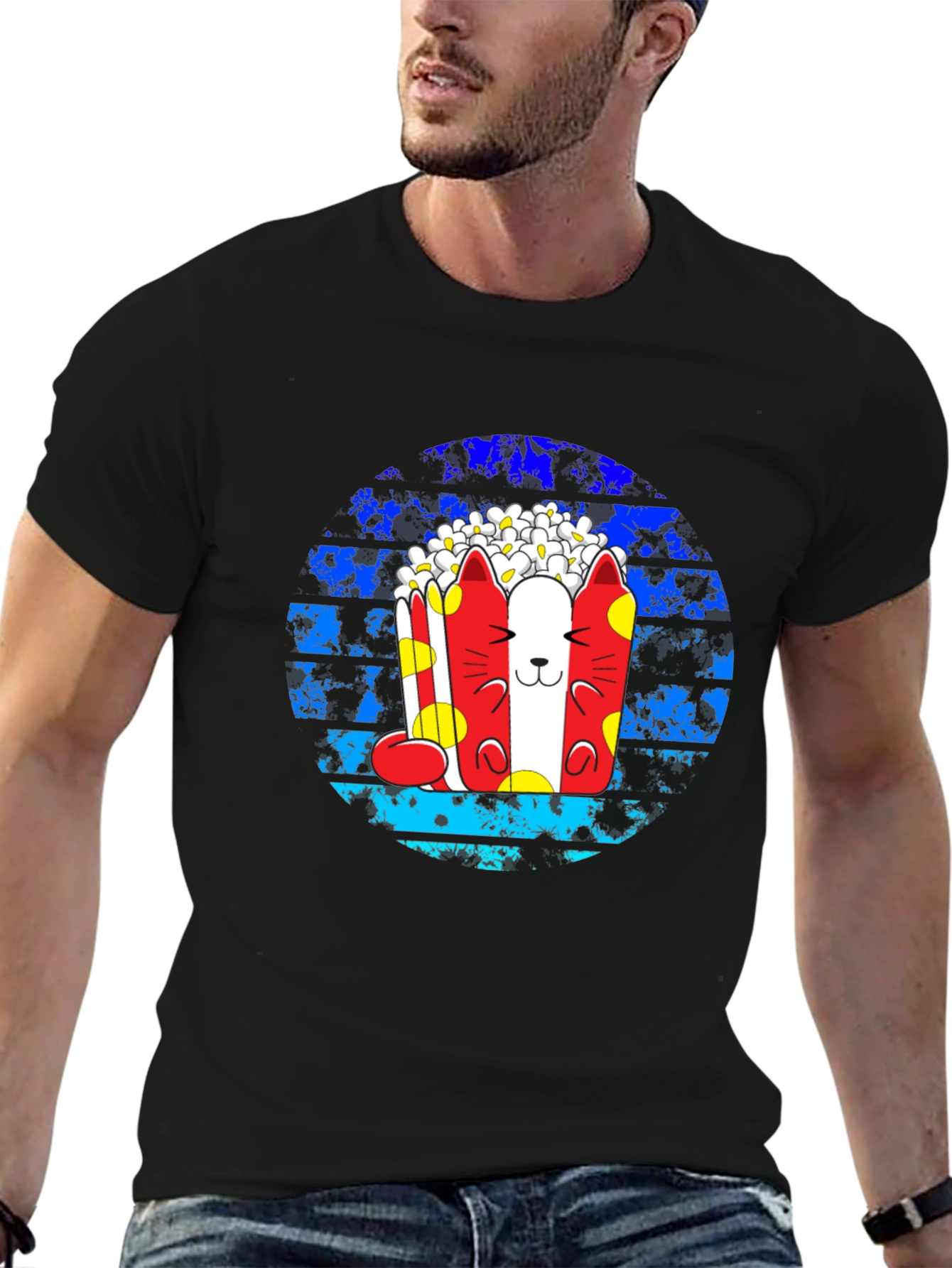Black Popcorn Cat Graphic T-Shirt - Unique Design view 6