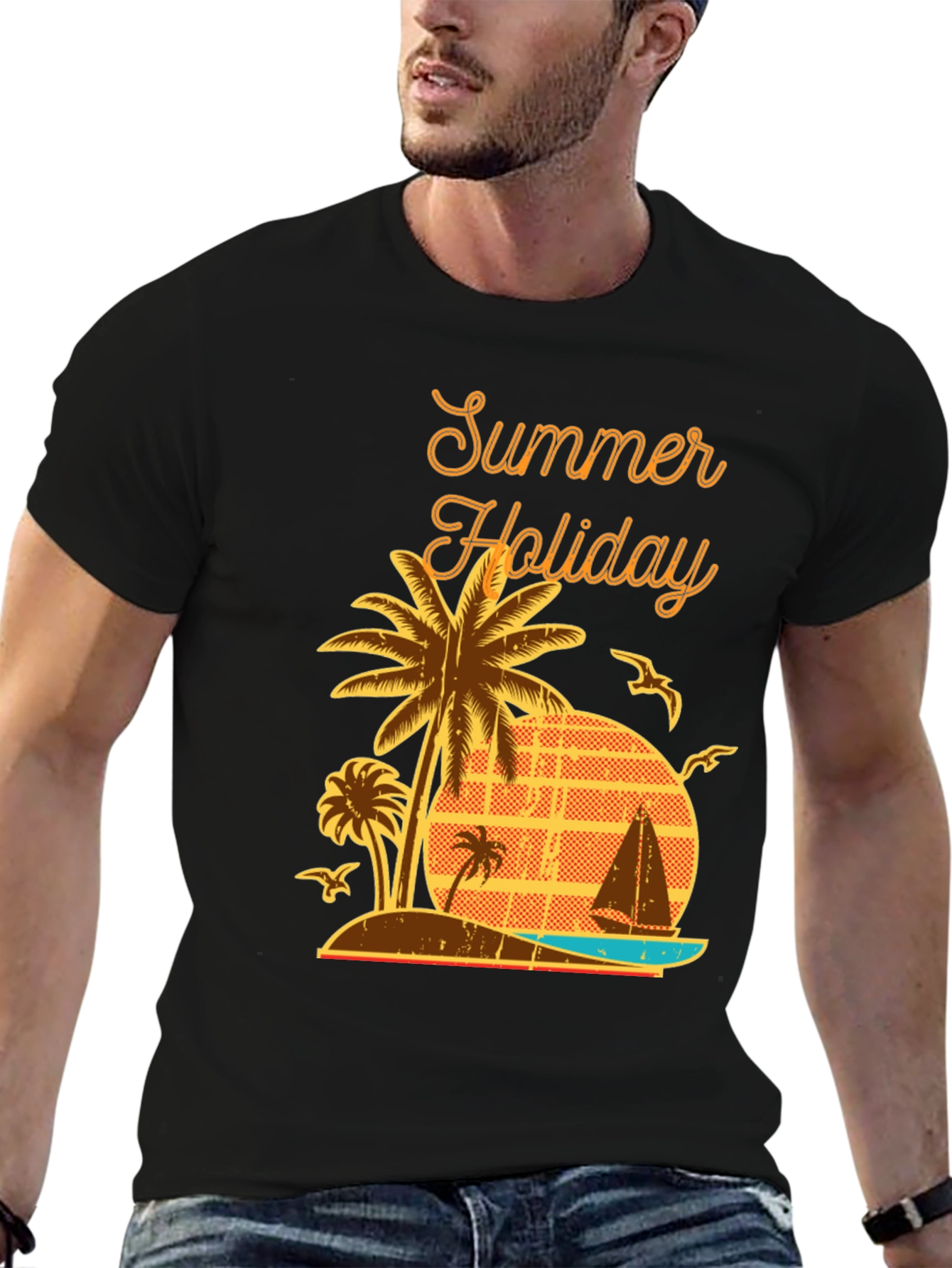 Black Summer Holiday Graphic T-Shirt - Palm Tree Beach Design view 6