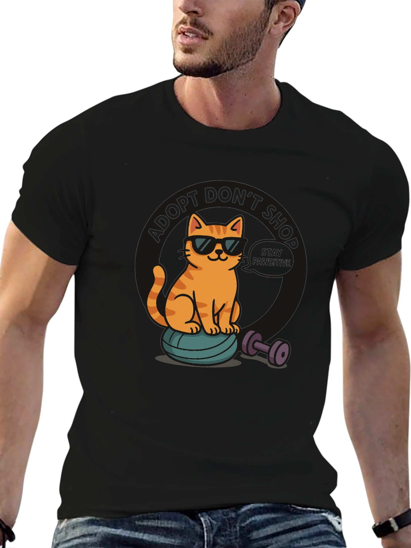 Black Cool Cat Gym T-Shirt - Funny Workout Tee view 6