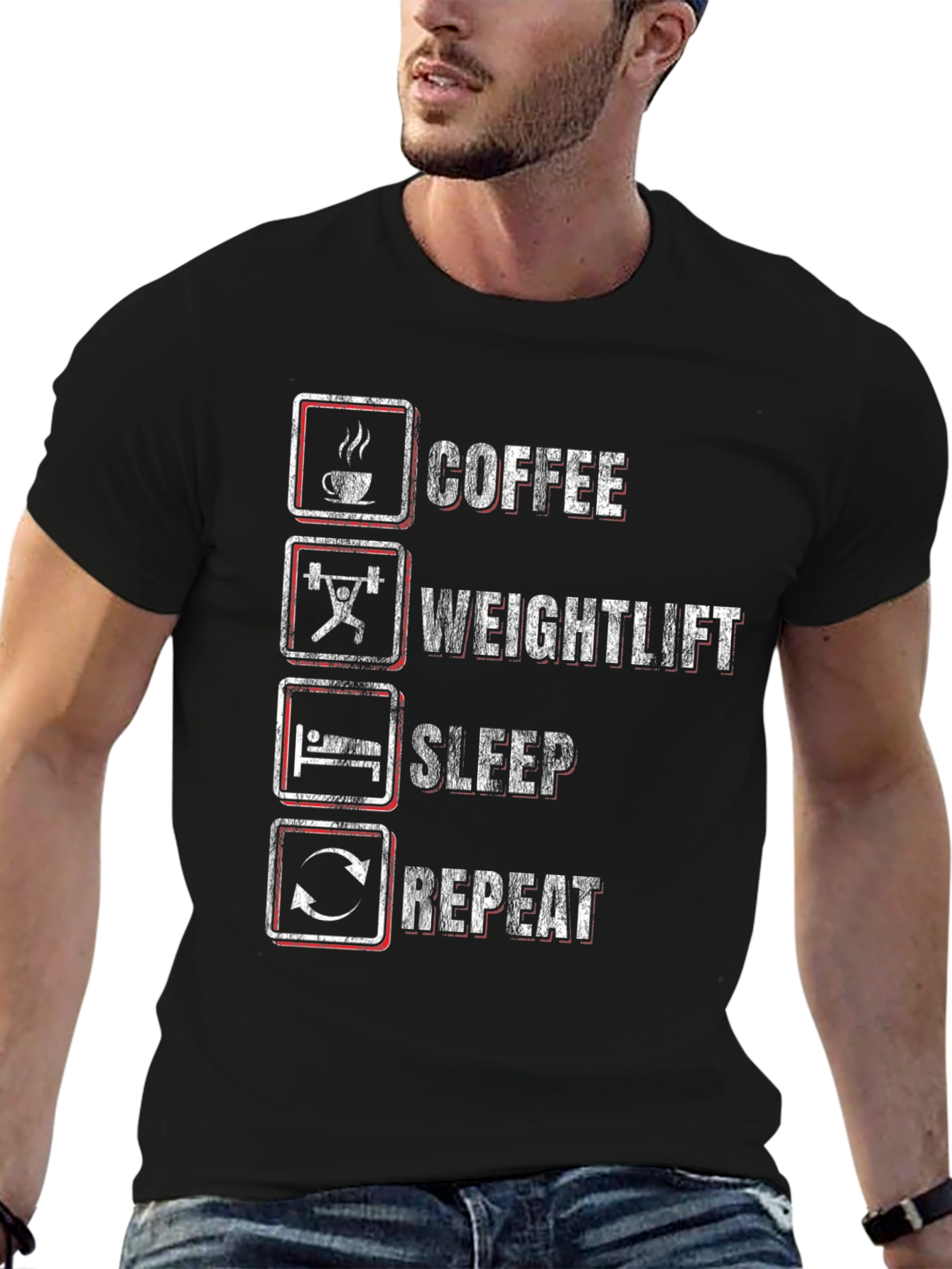 Black Coffee, Weightlift, Sleep, Repeat Black T-Shirt view 6
