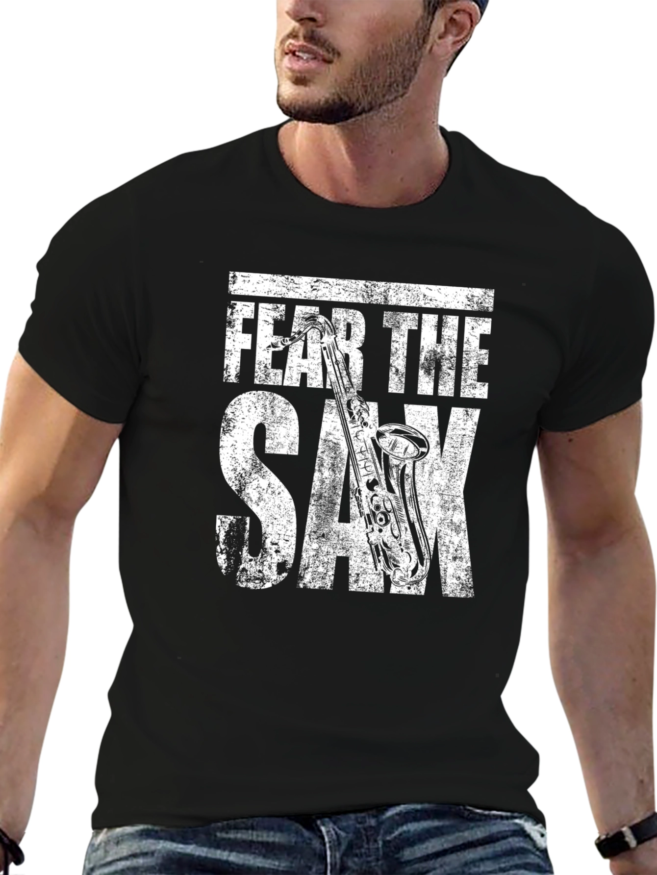 Black Fear the Sax T-Shirt - Musician's Graphic Tee view 6