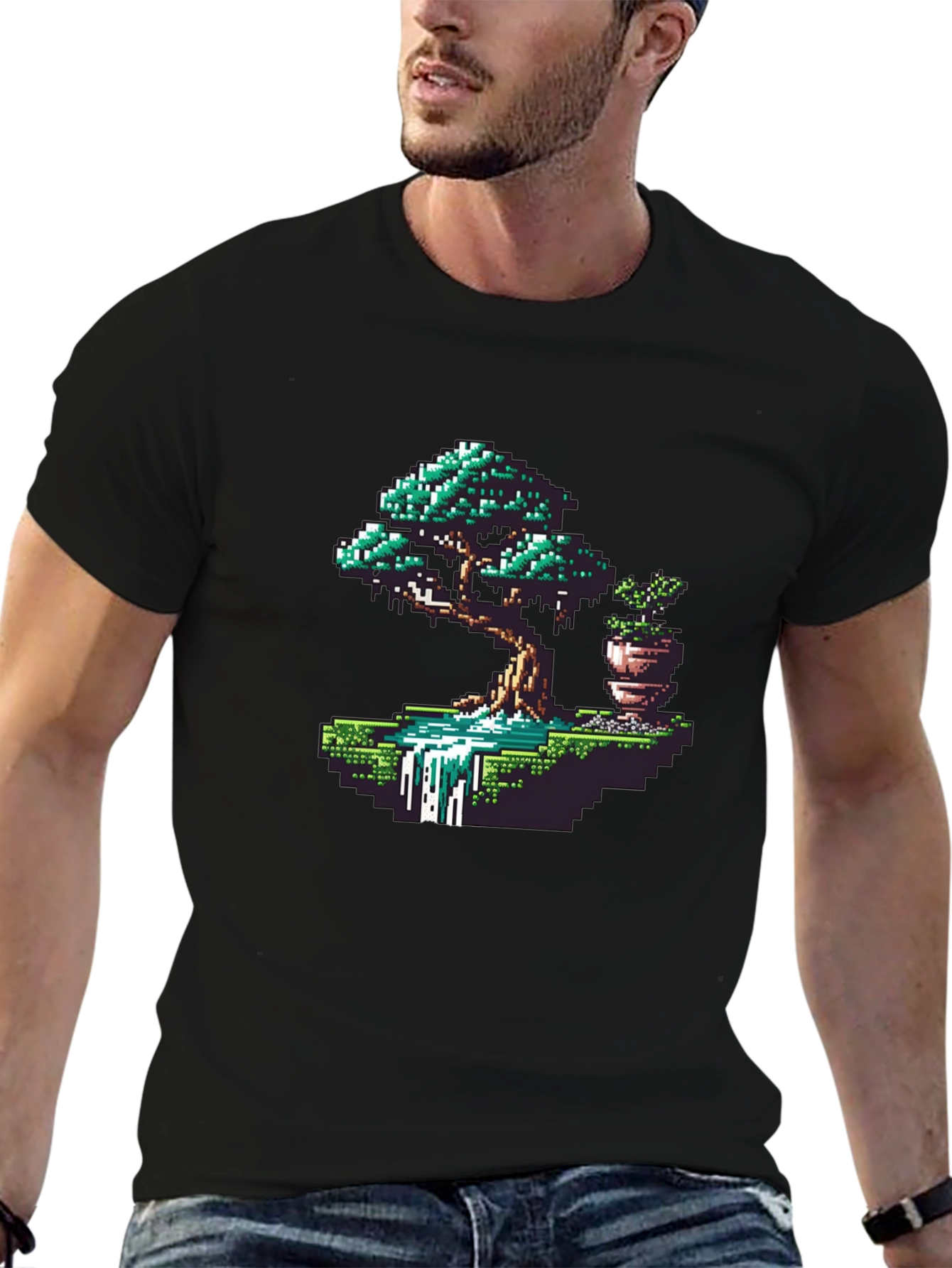 Black Pixel Art Bonsai Tree Graphic Tee view 6