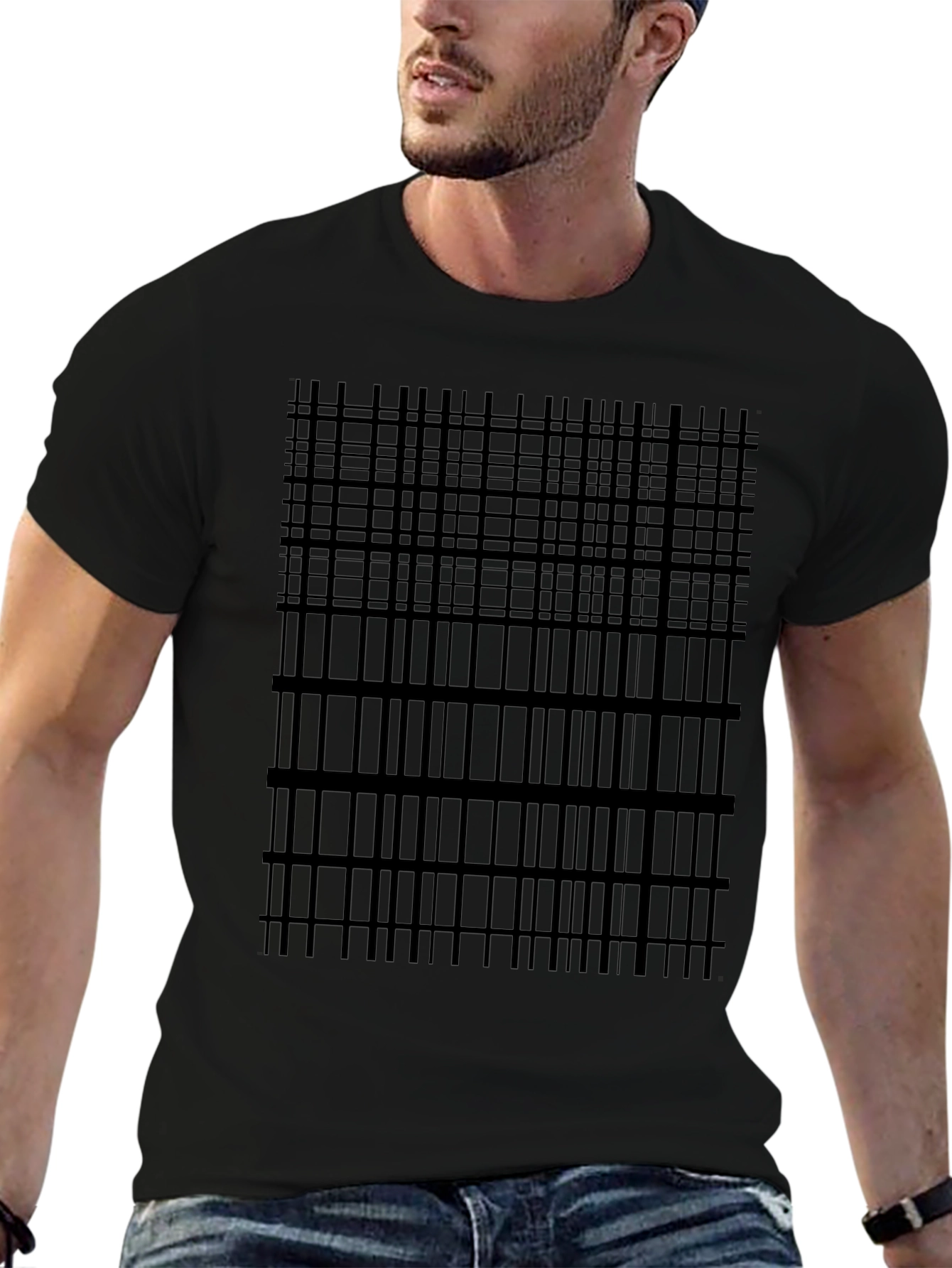 Black Geometric Grid Tee - Modern Black T-Shirt view 6
