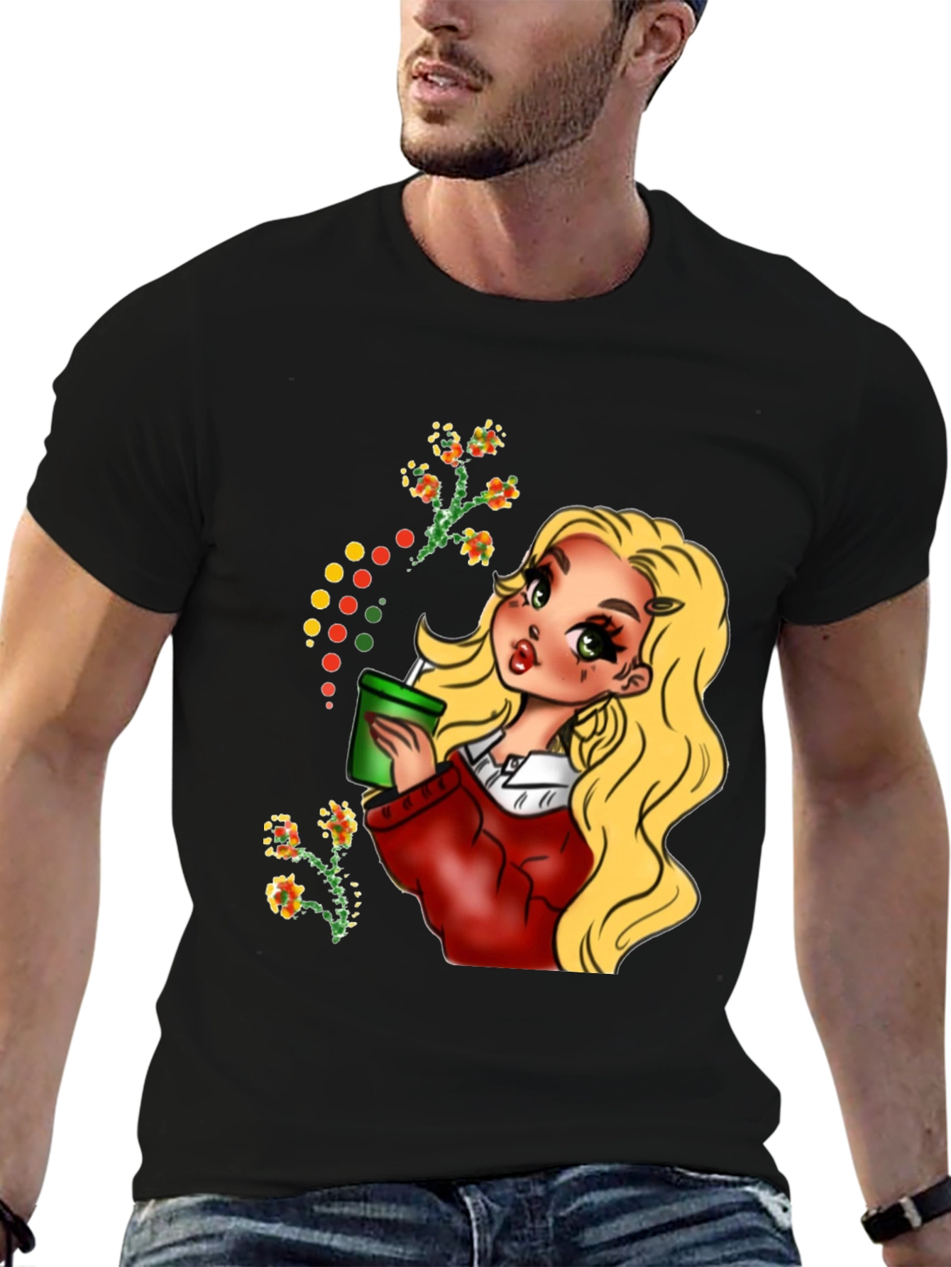 Black Blonde Cartoon Girl Black T-Shirt view 6