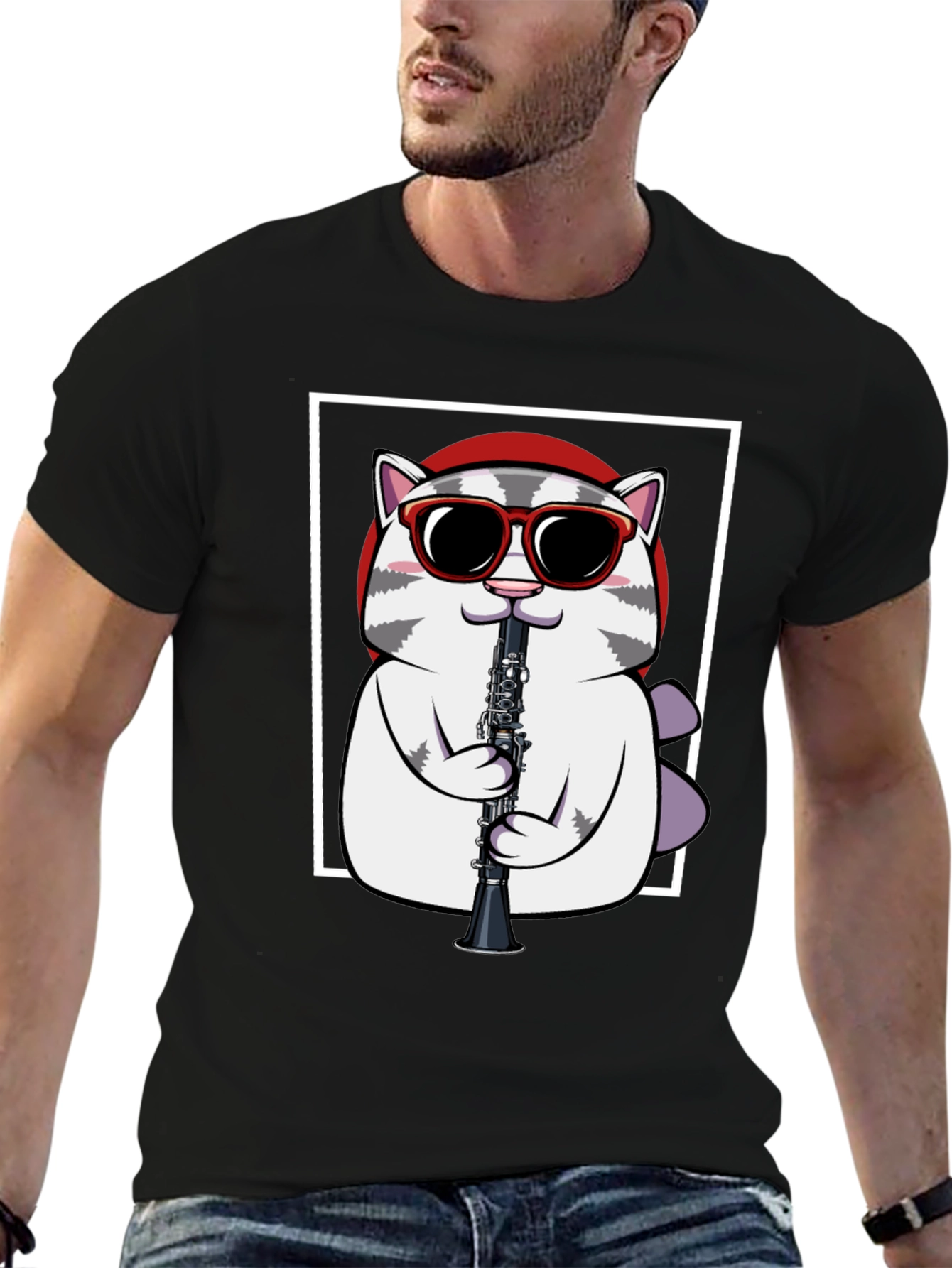 Black Cool Cat Clarinet T-Shirt - Musician Graphic Tee view 6
