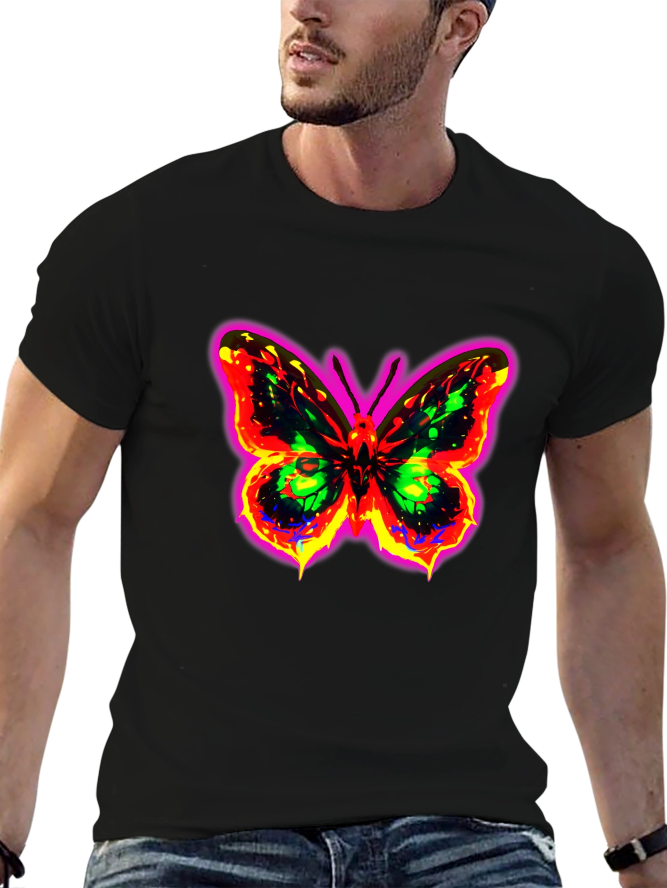 Black Neon Butterfly Graphic Black T-Shirt view 6