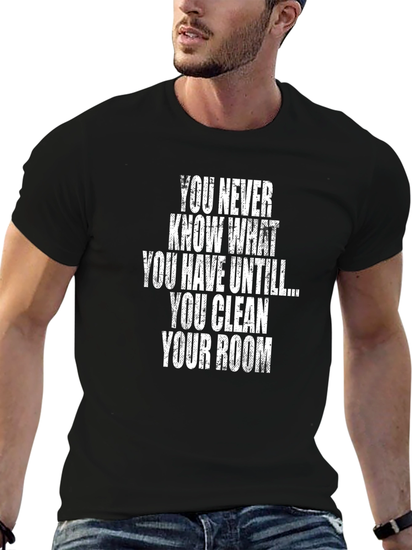 Black Humorous 'Clean Your Room' Black T-Shirt view 6