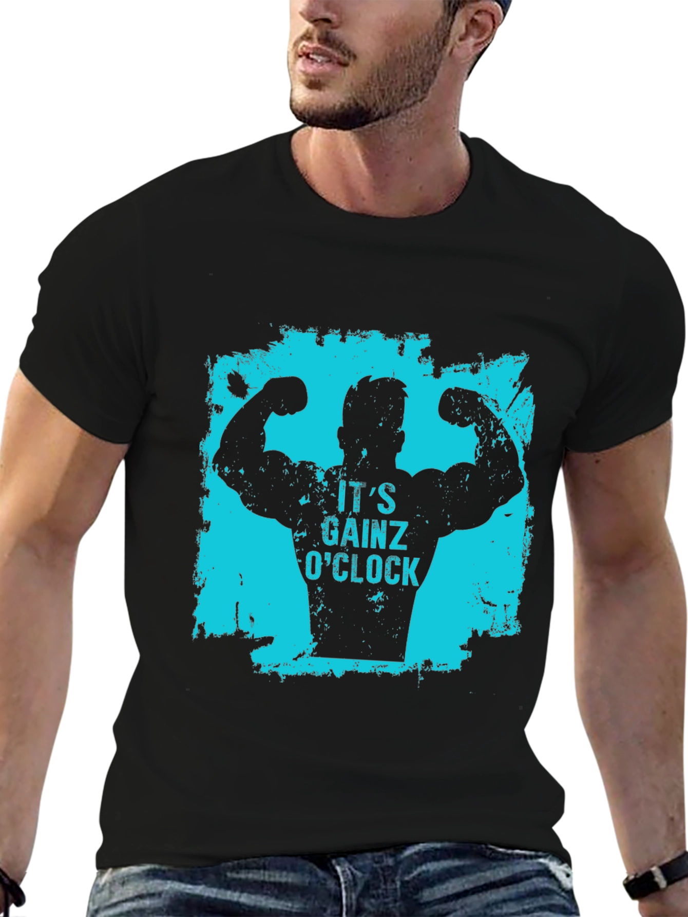 Black Gainz O'Clock Black T-Shirt - Gym Bodybuilding Motivation view 6