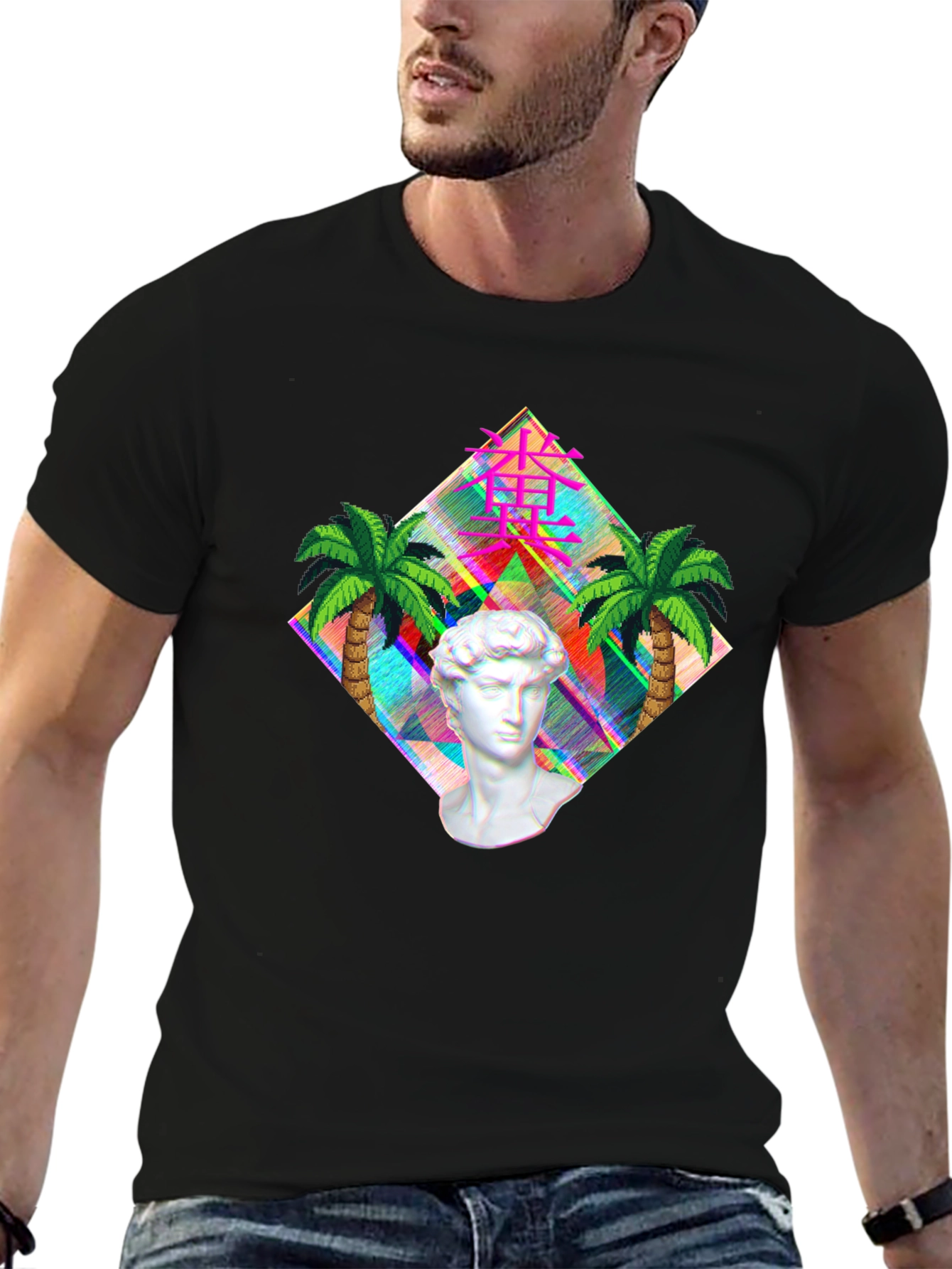 Black Vaporwave Statue Graphic T-Shirt - Men's Black Tee view 6