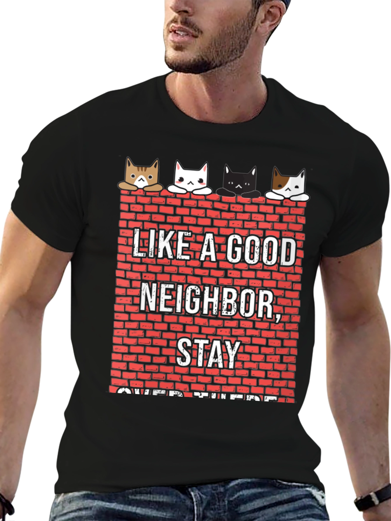 Black Like A Good Neighbor Stay Over There Funny Cat T-Shirt view 6