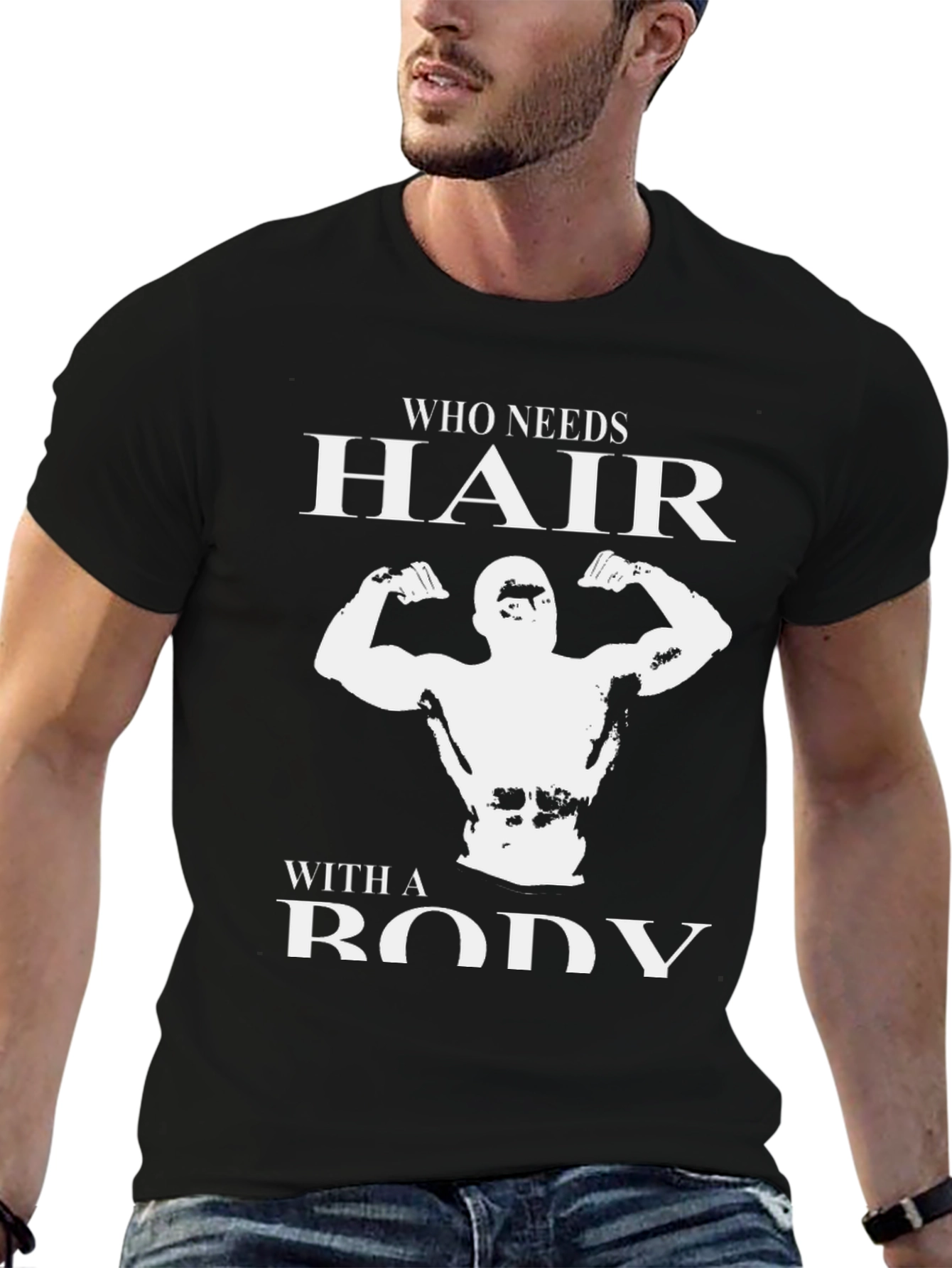 Black Who Needs Hair? Bodybuilder Graphic T-Shirt view 6