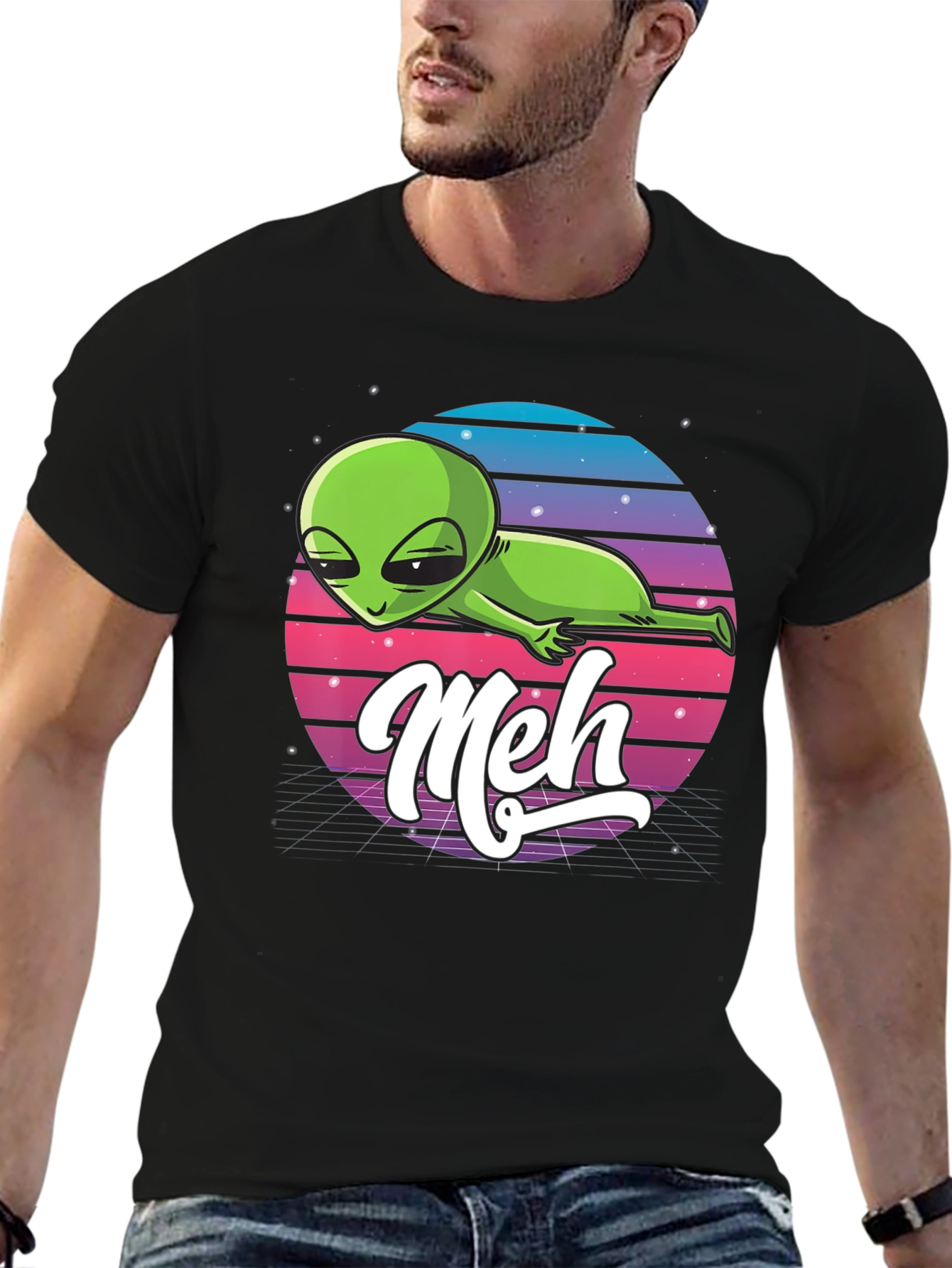 Black Meh Alien T-Shirt: Retro Space Design, Relaxed Fit view 6