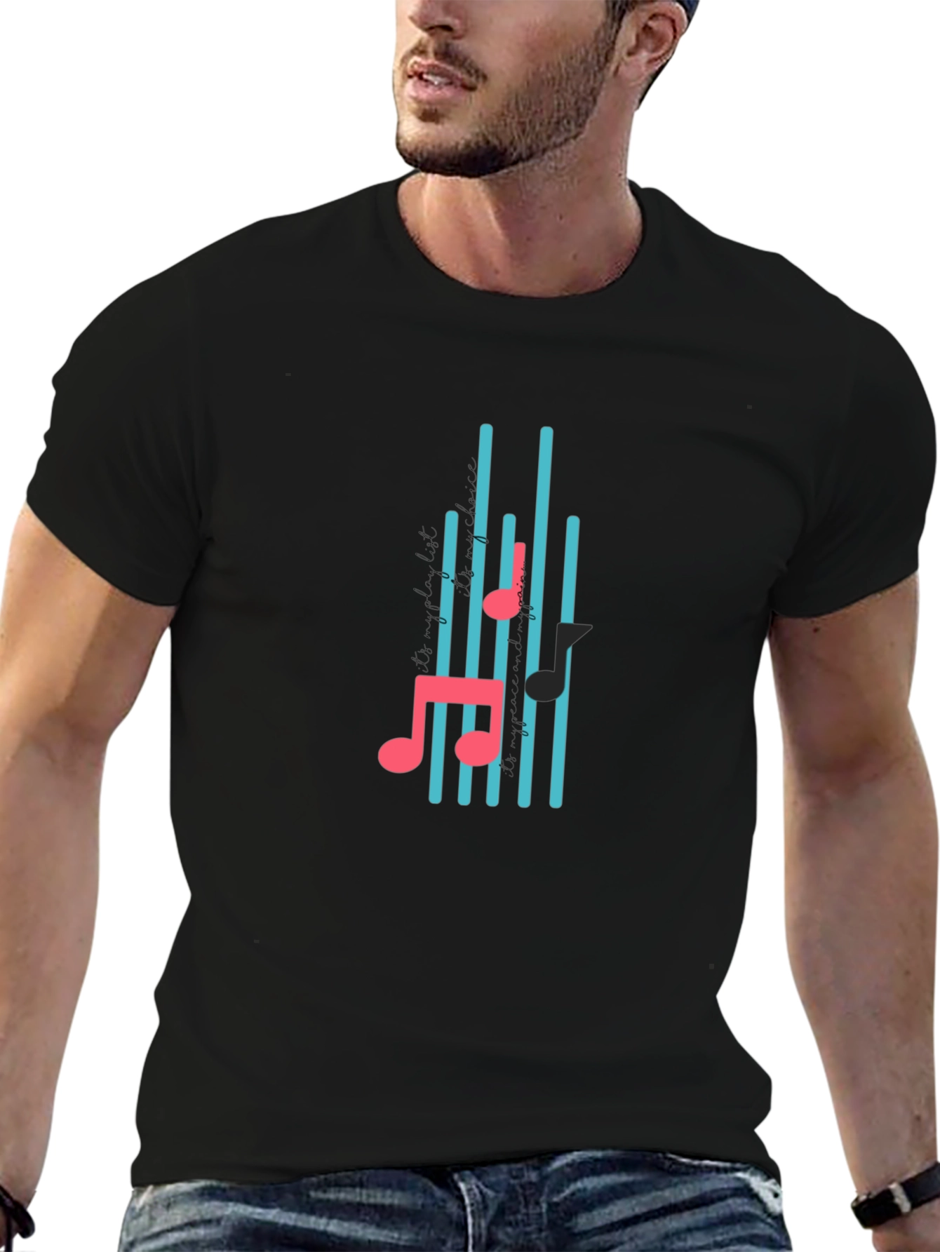 Black Black T-Shirt with Musical Notes Design view 6