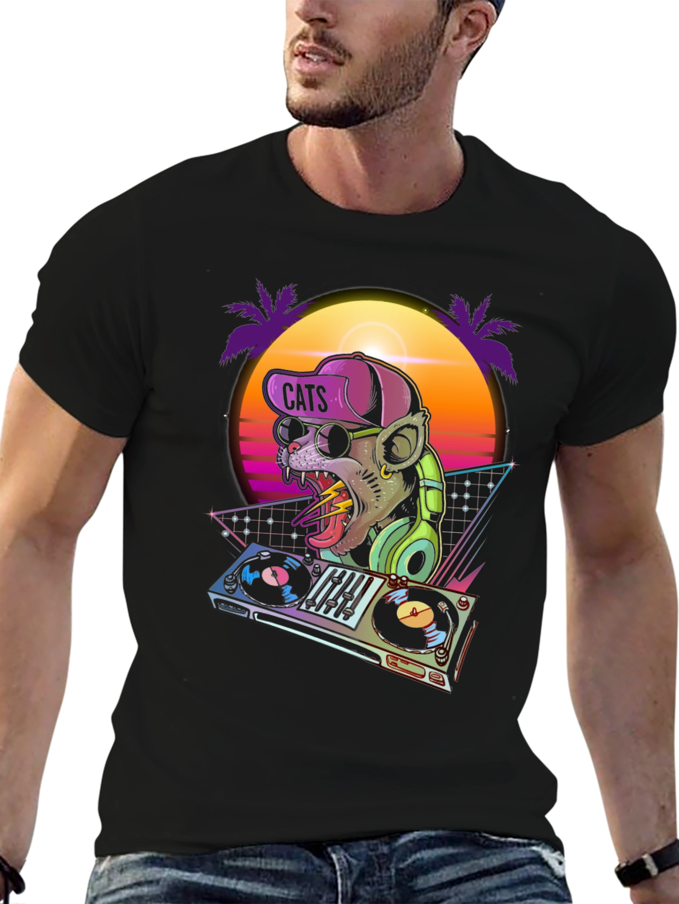 Black DJ Cat Graphic T-Shirt - Retro Style view 6