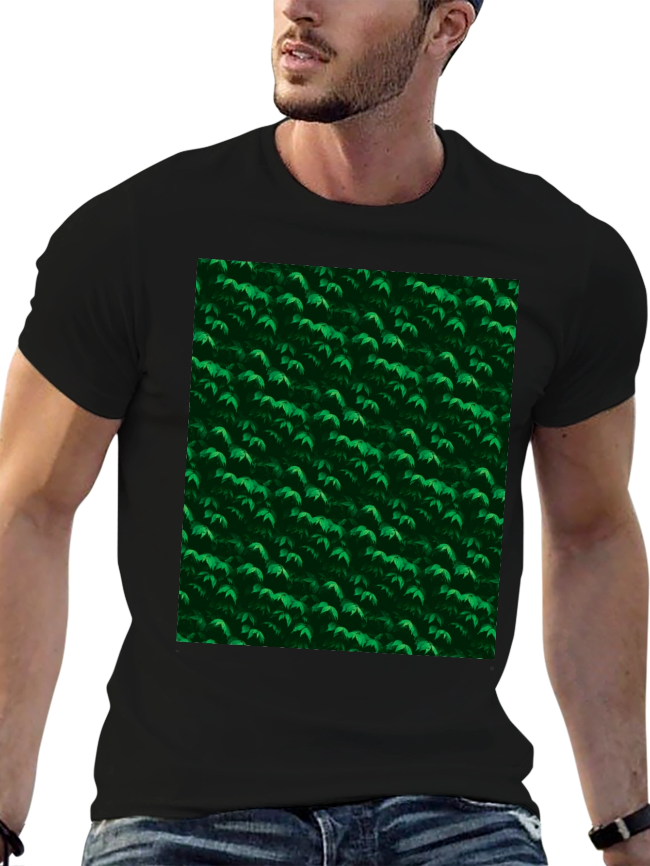 Black Green Leaves Pattern Black T-Shirt view 6