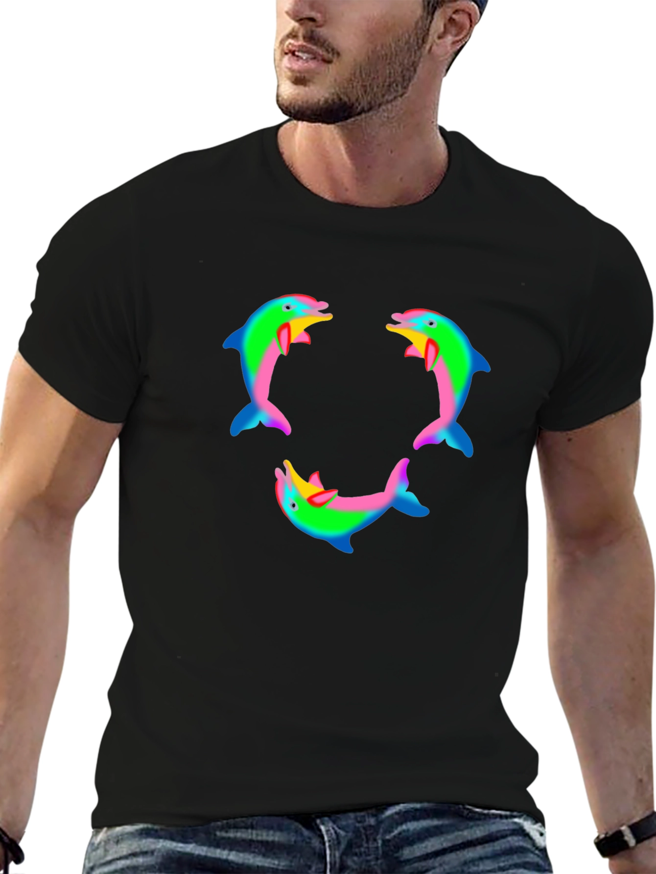 Black Dolphin T-Shirt - Rainbow Pattern view 6