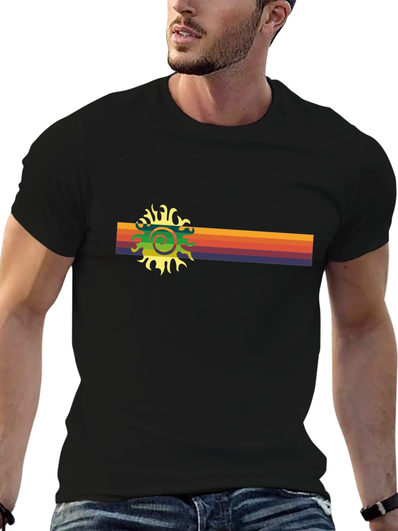 Black Retro Sun T-Shirt - Vintage Stripe Design view 6