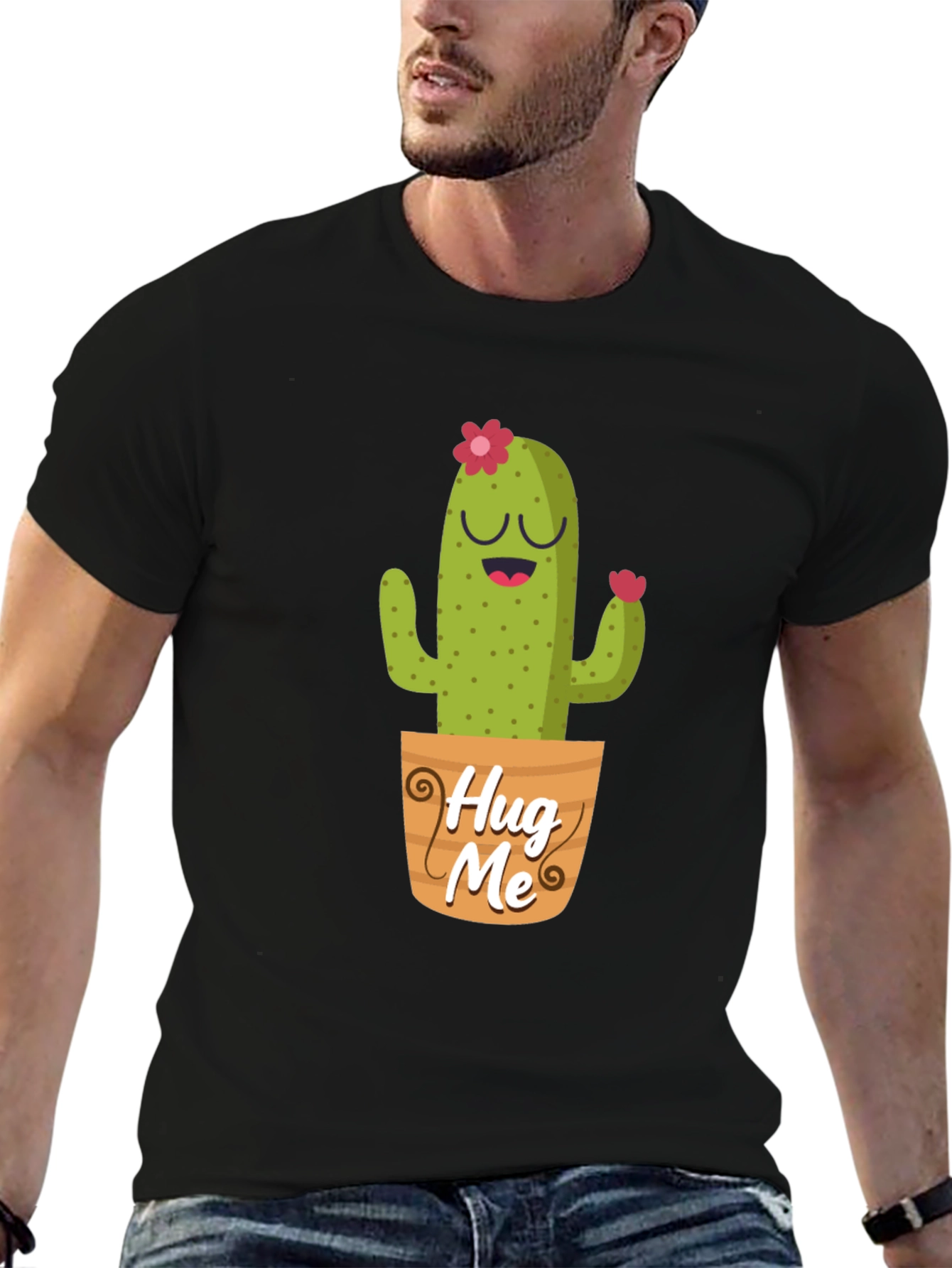 Black Cute Cactus "Hug Me" Graphic T-Shirt view 6
