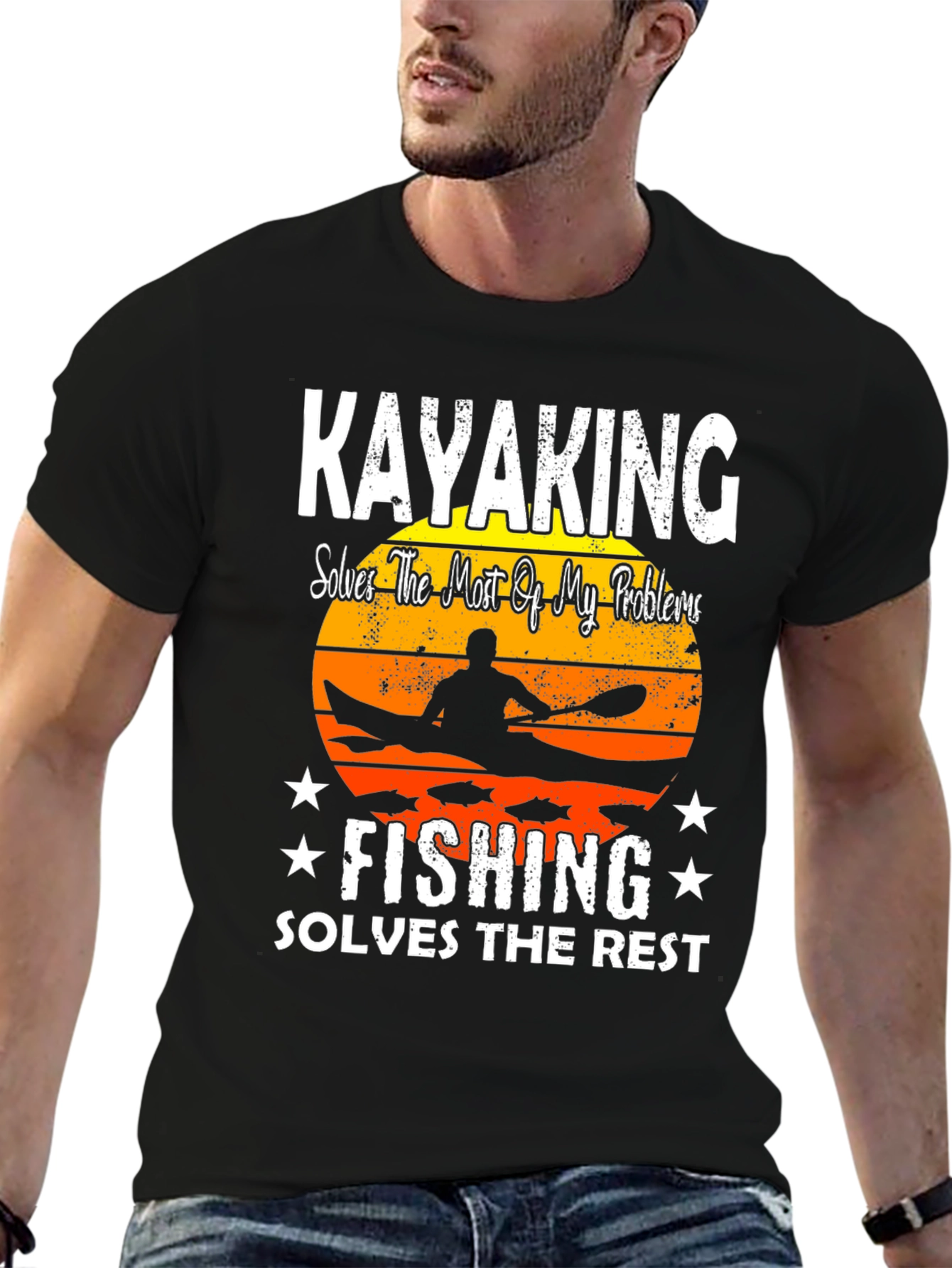 Black Kayaking and Fishing Graphic T-Shirt view 6