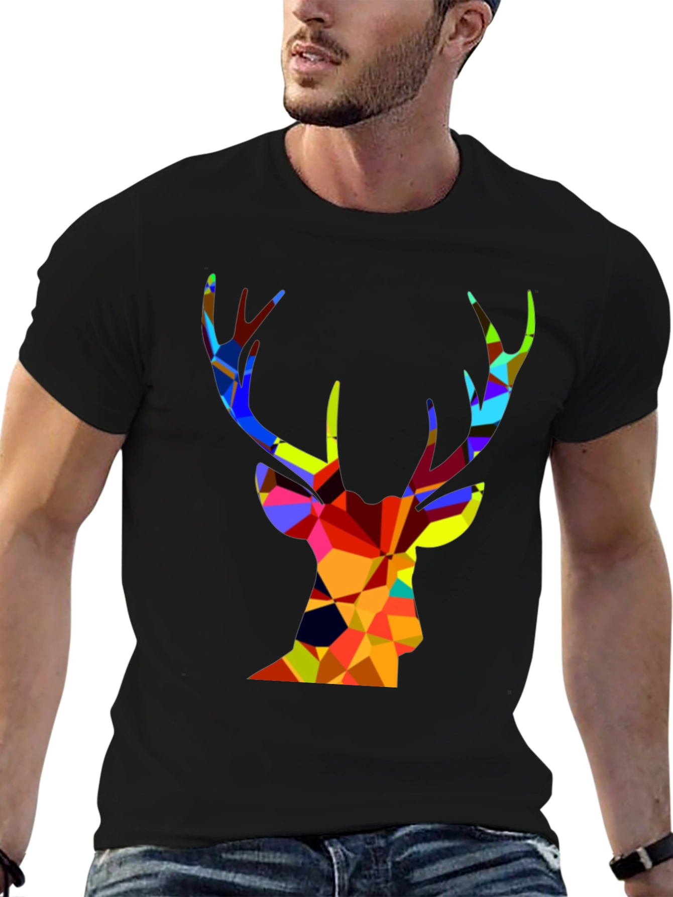Black Geometric Deer Graphic T-Shirt view 6