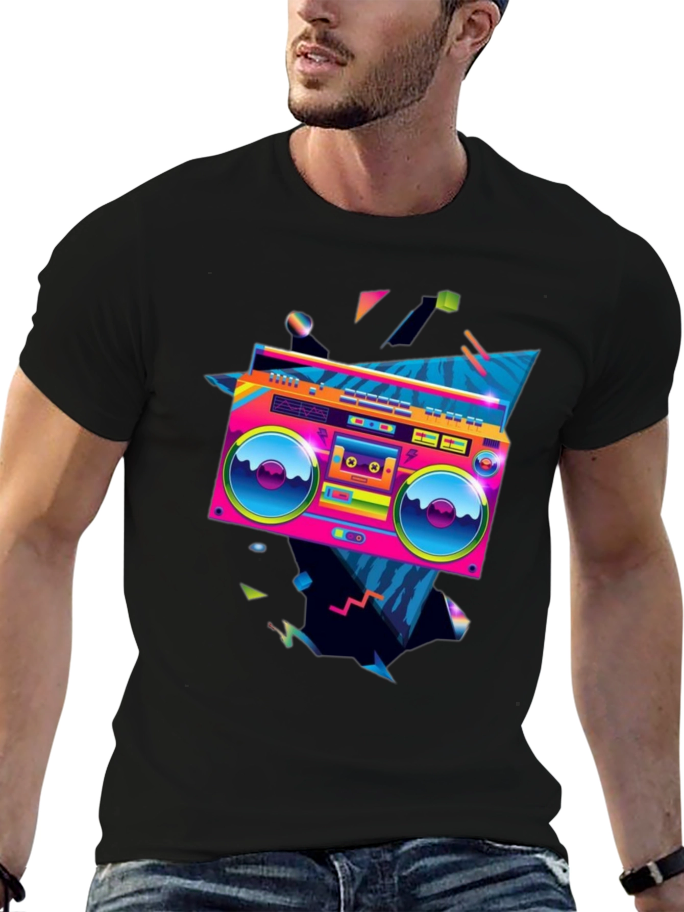 Black Retro Boombox Graphic Tee - 80s Style! view 6
