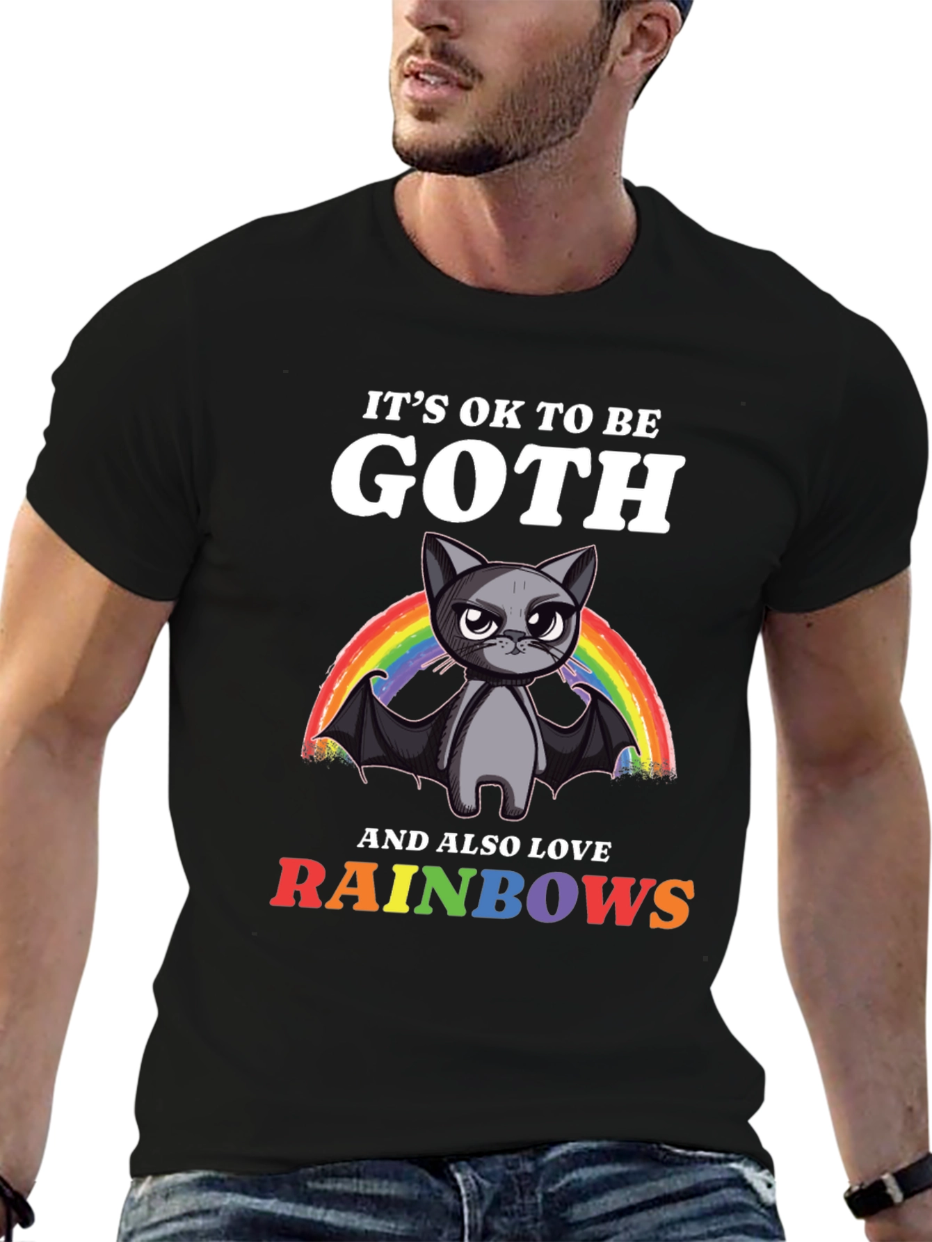 Black Goth Cat Rainbow T-Shirt view 6