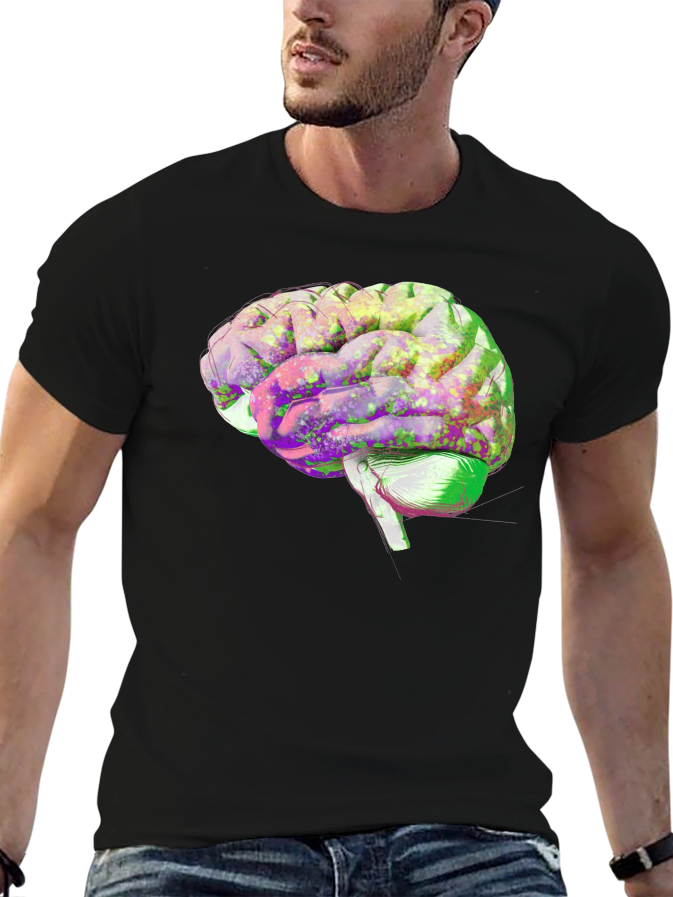 Black Brain Graphic Print Black Cotton T-Shirt view 6