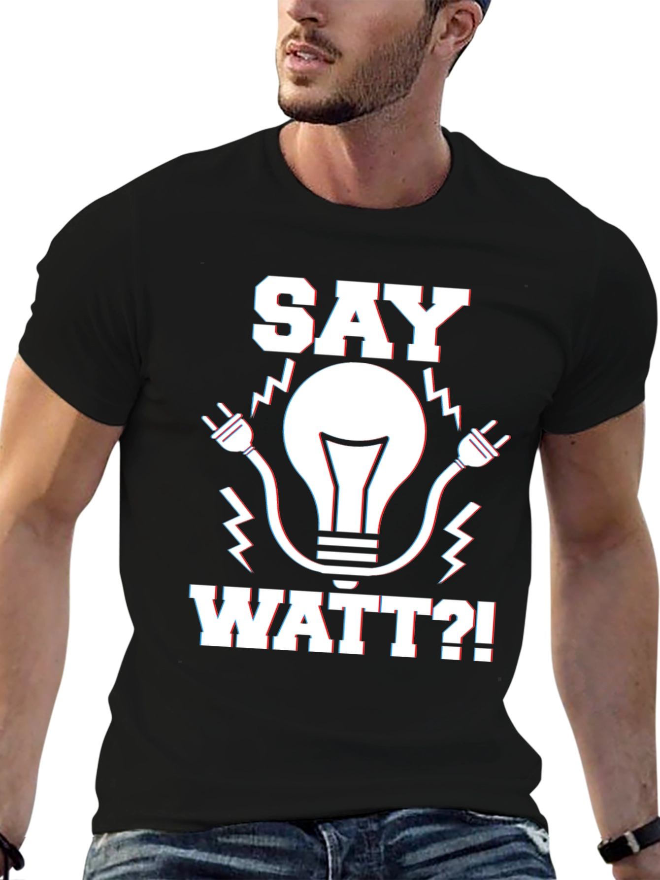 Black Say Watt? Humor Graphic T-Shirt - Black view 6