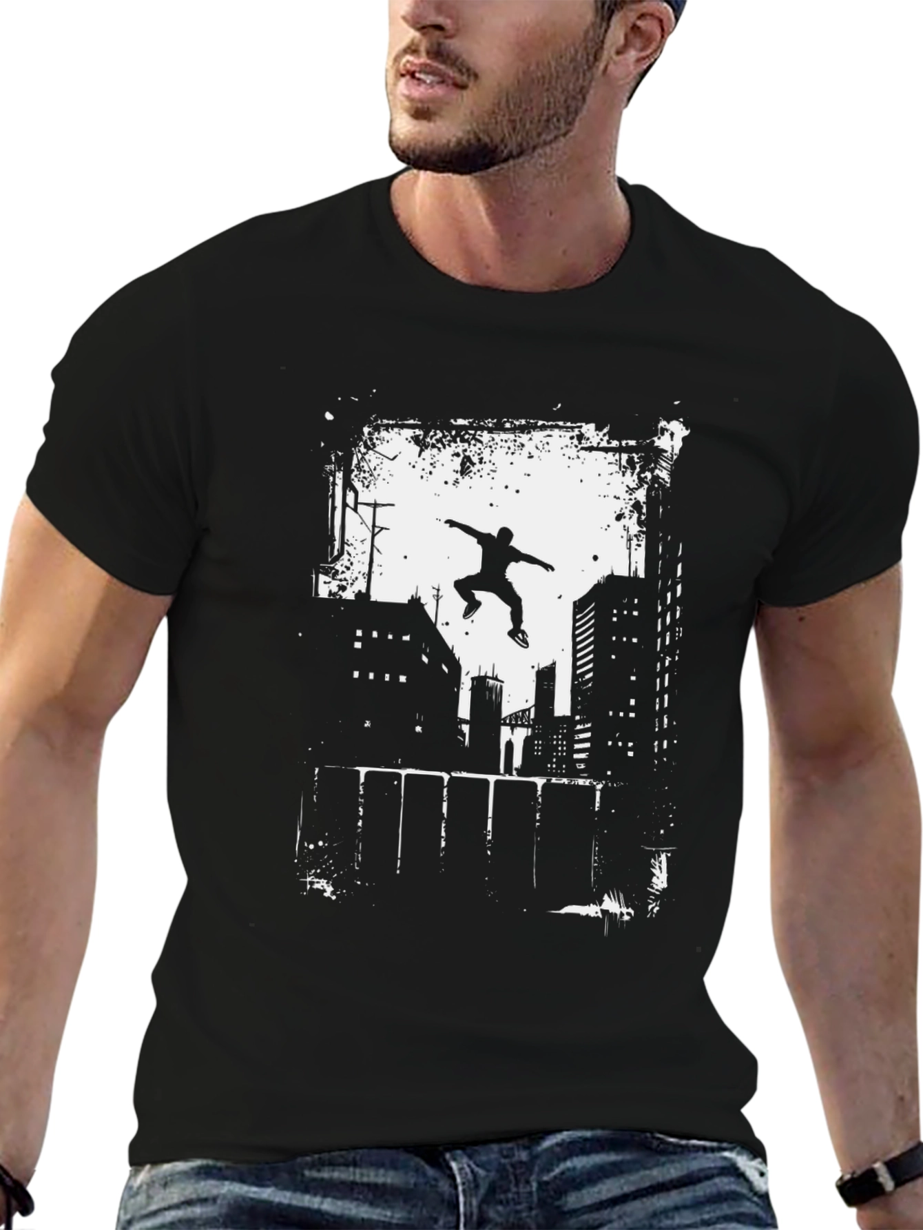 Black Urban Parkour Graphic Tee - Black Cotton T-Shirt view 6