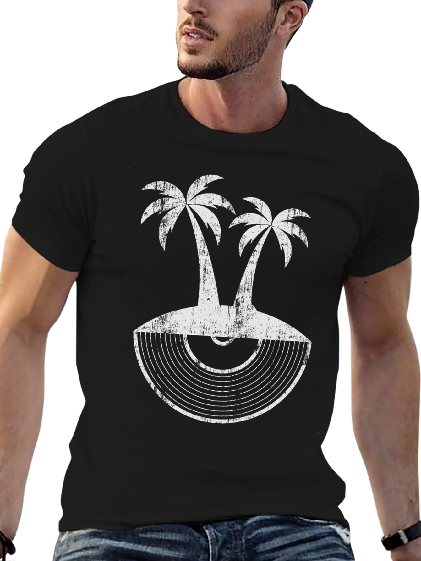 Black Tropical Palm Tree Vinyl Record Graphic Tee view 6