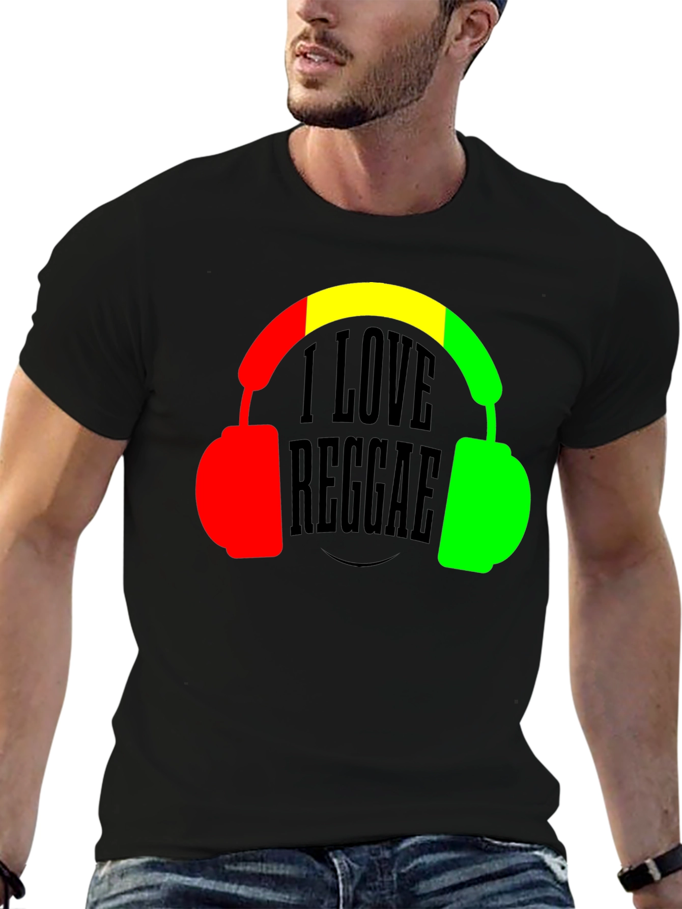 Black I Love Reggae T-Shirt Headphones Jamaican Colors view 6