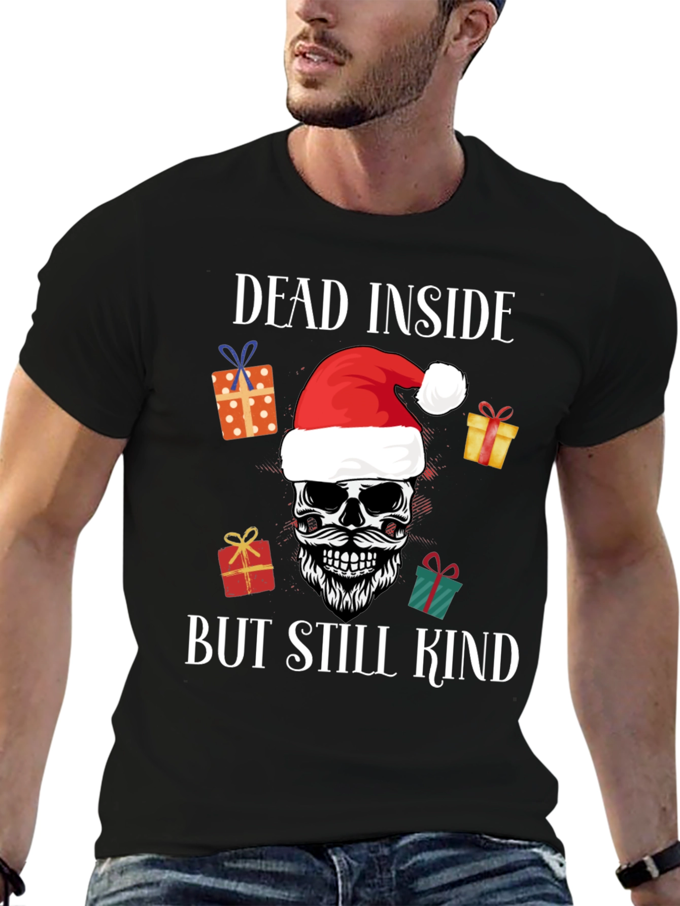 Black Dead Inside But Still Kind Christmas T-Shirt view 6