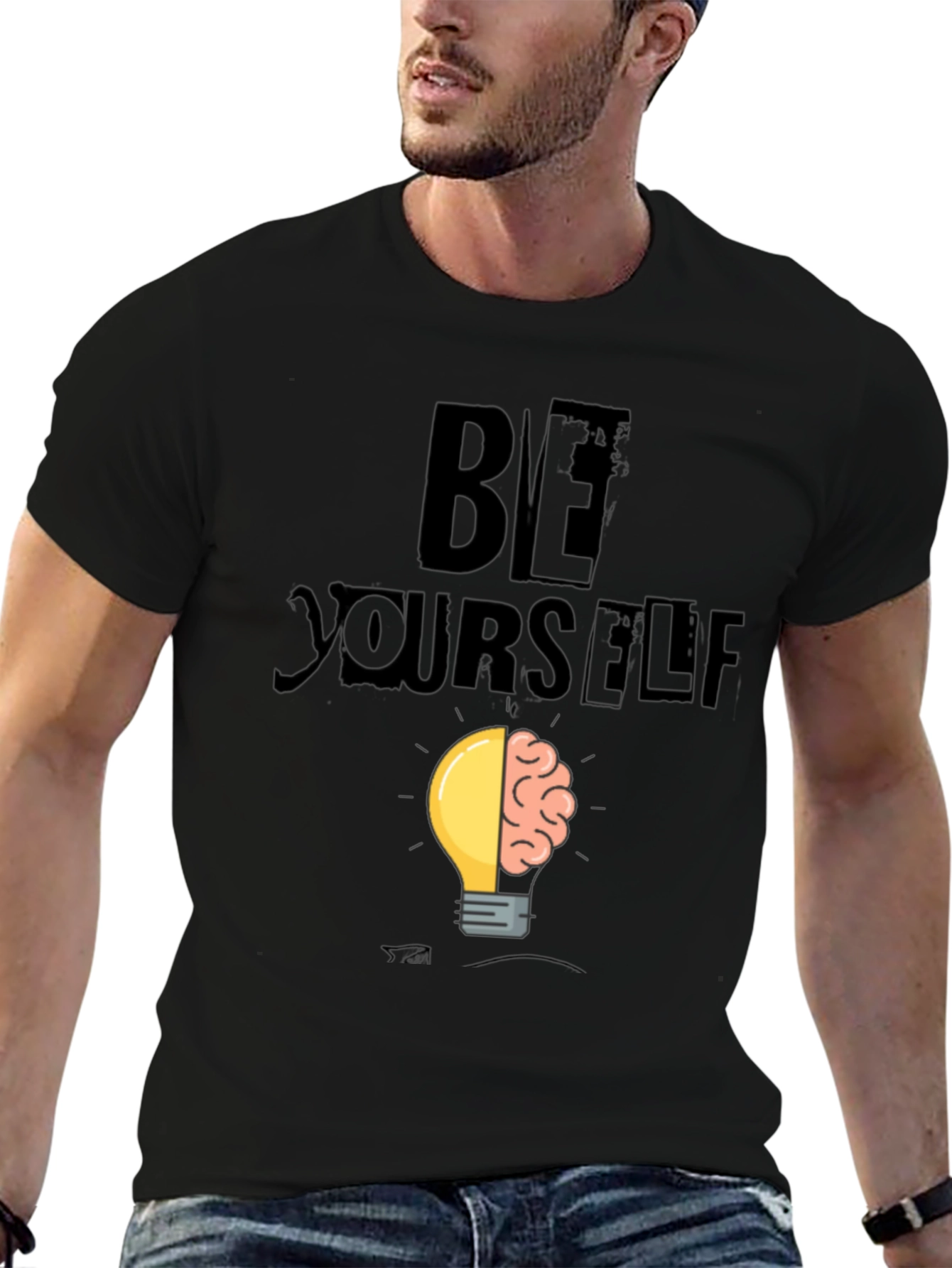 Black Be Yourself Brain Idea Lightbulb Graphic T-Shirt view 6