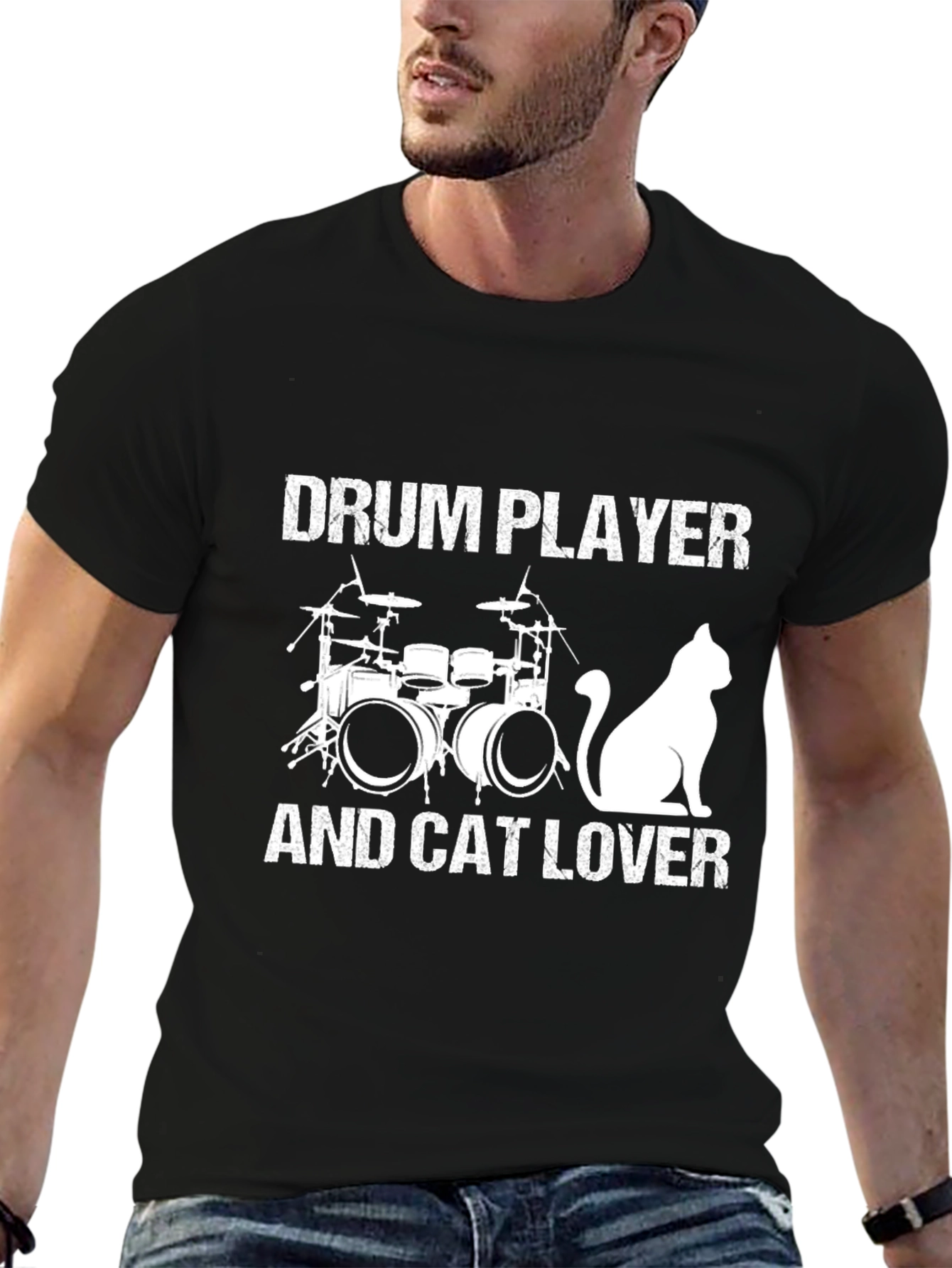 Black Drum Player & Cat Lover Black T-Shirt view 6