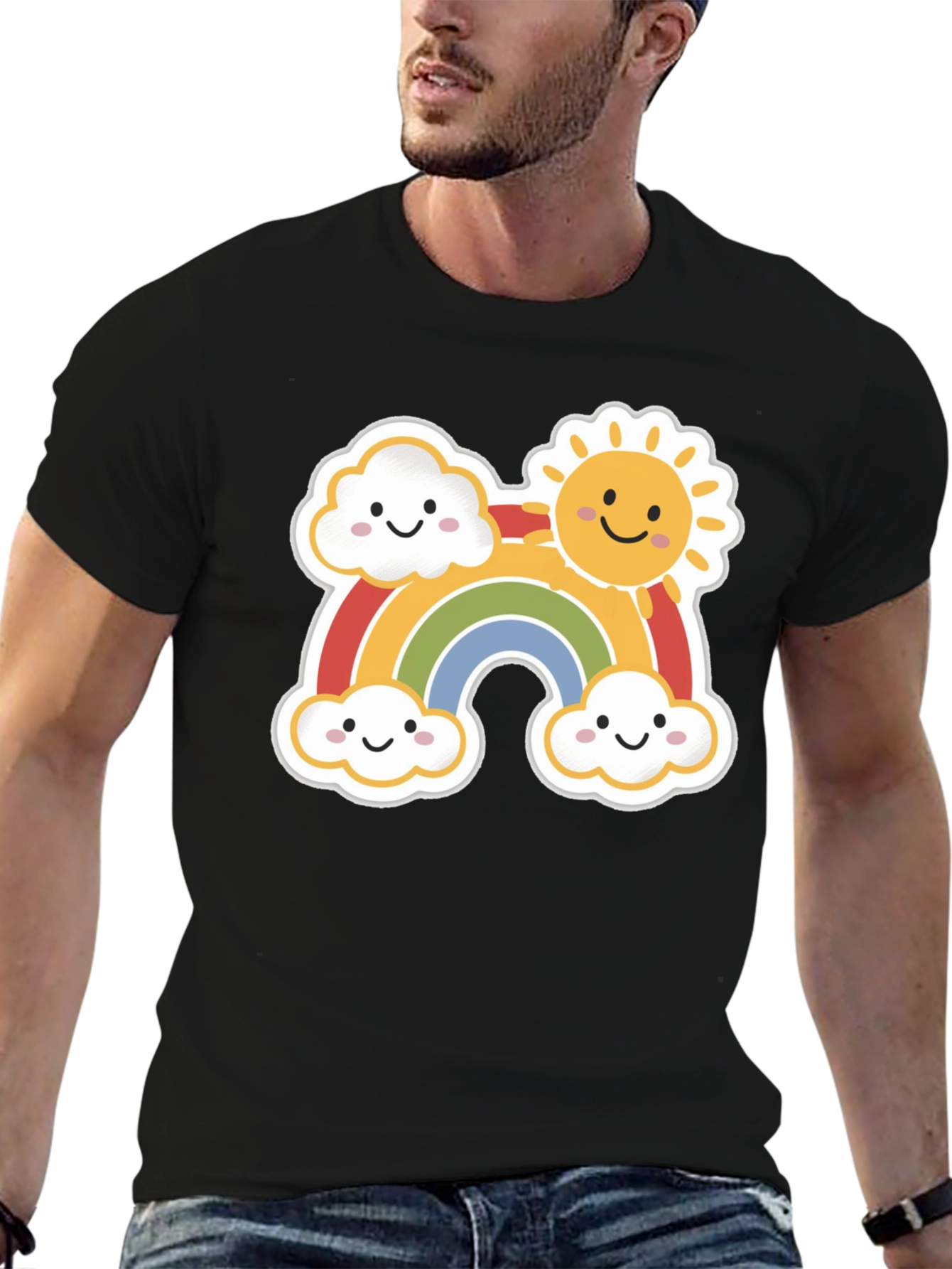 Black Cute Rainbow & Sun Graphic Tee - Black Cotton Shirt view 6