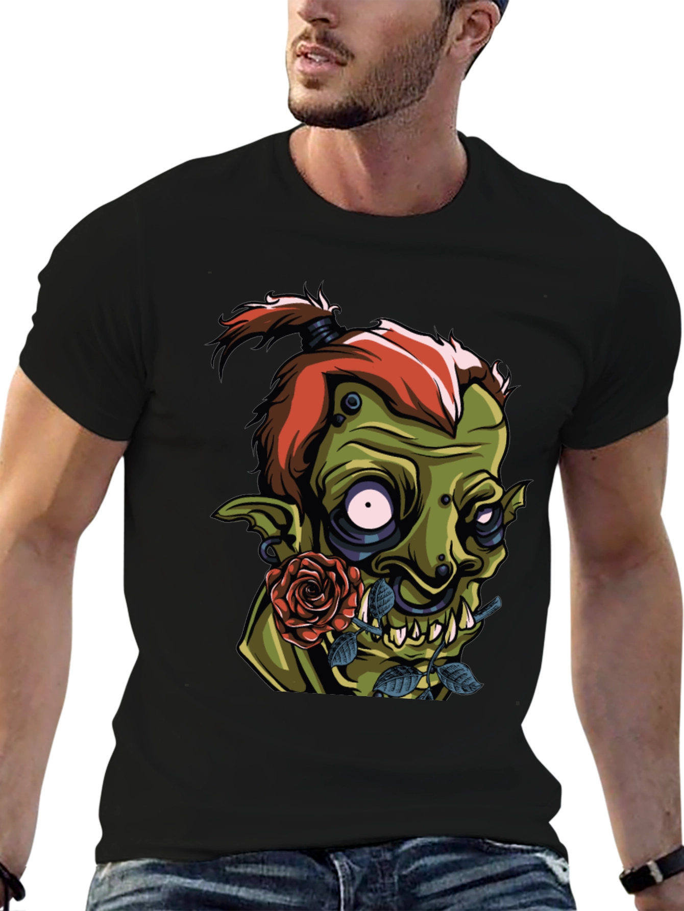 Black Men's Black T-Shirt - Goblin and Rose Design view 6
