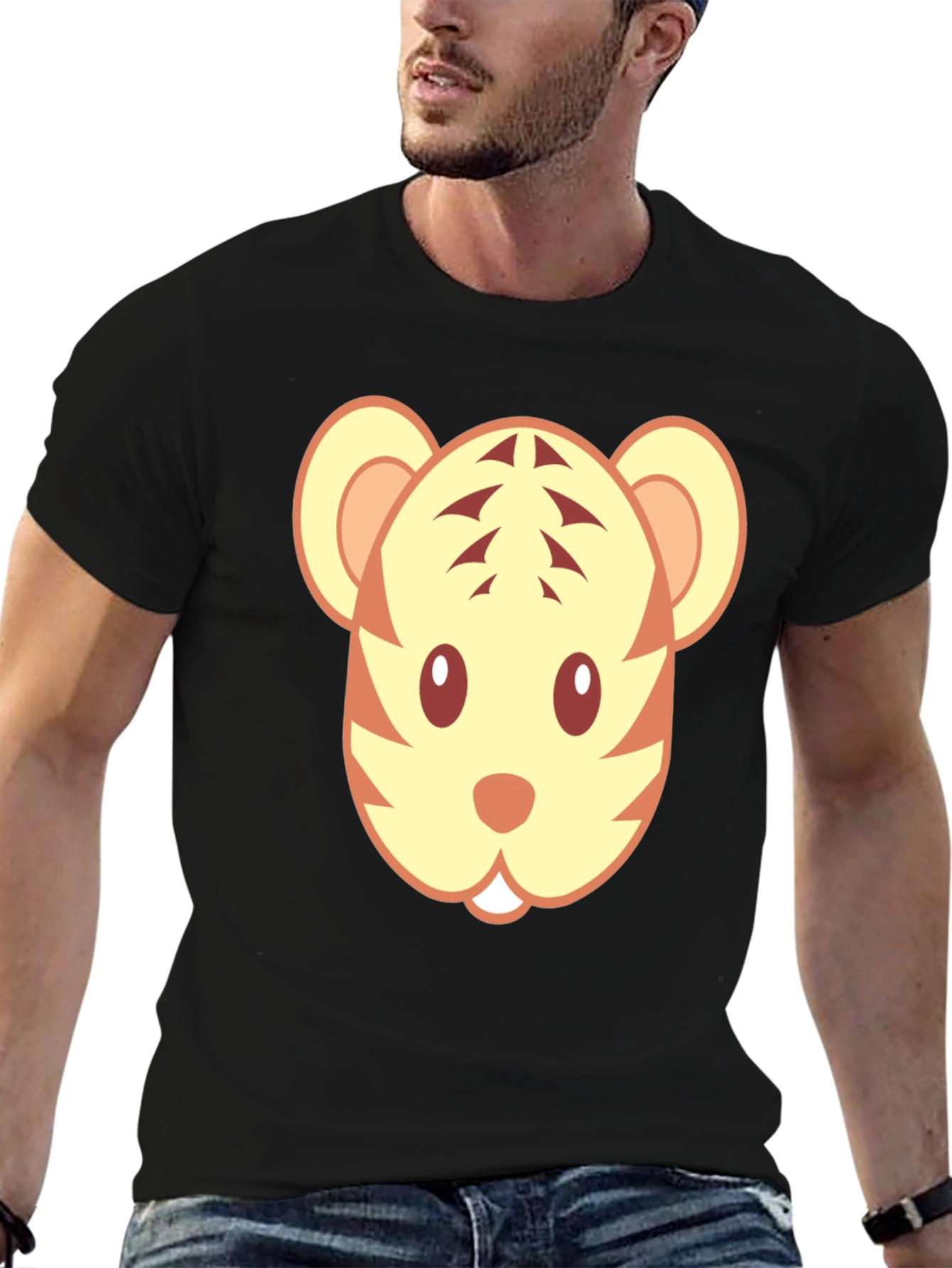 Black Cute Tiger Face Graphic Black T-Shirt view 6