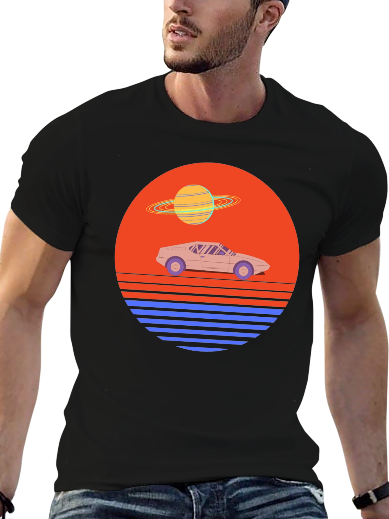 Black Retro Synthwave Car T-Shirt view 6