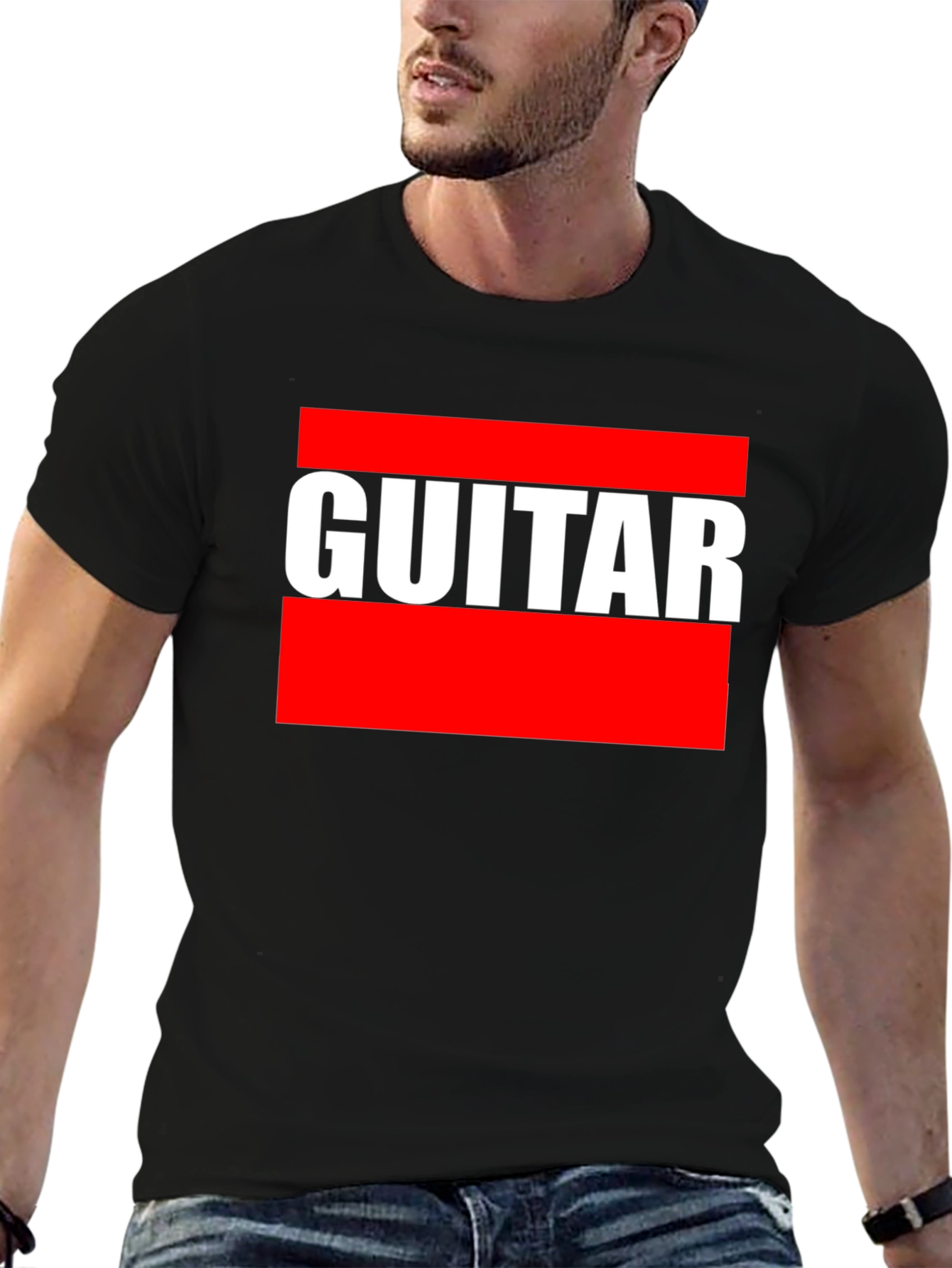 Black Guitar T-Shirt - Bold Red and White Design view 6