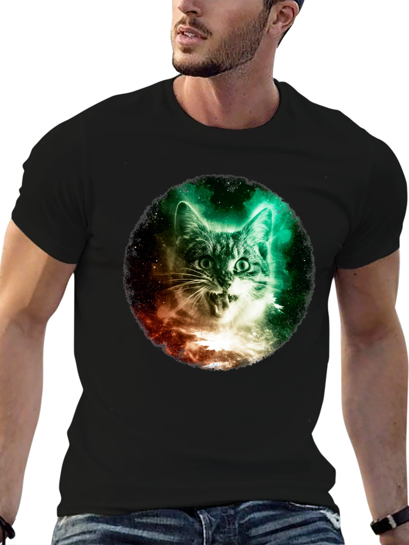 Black Cosmic Cat Graphic Tee - Galaxy Kitten T-Shirt view 6