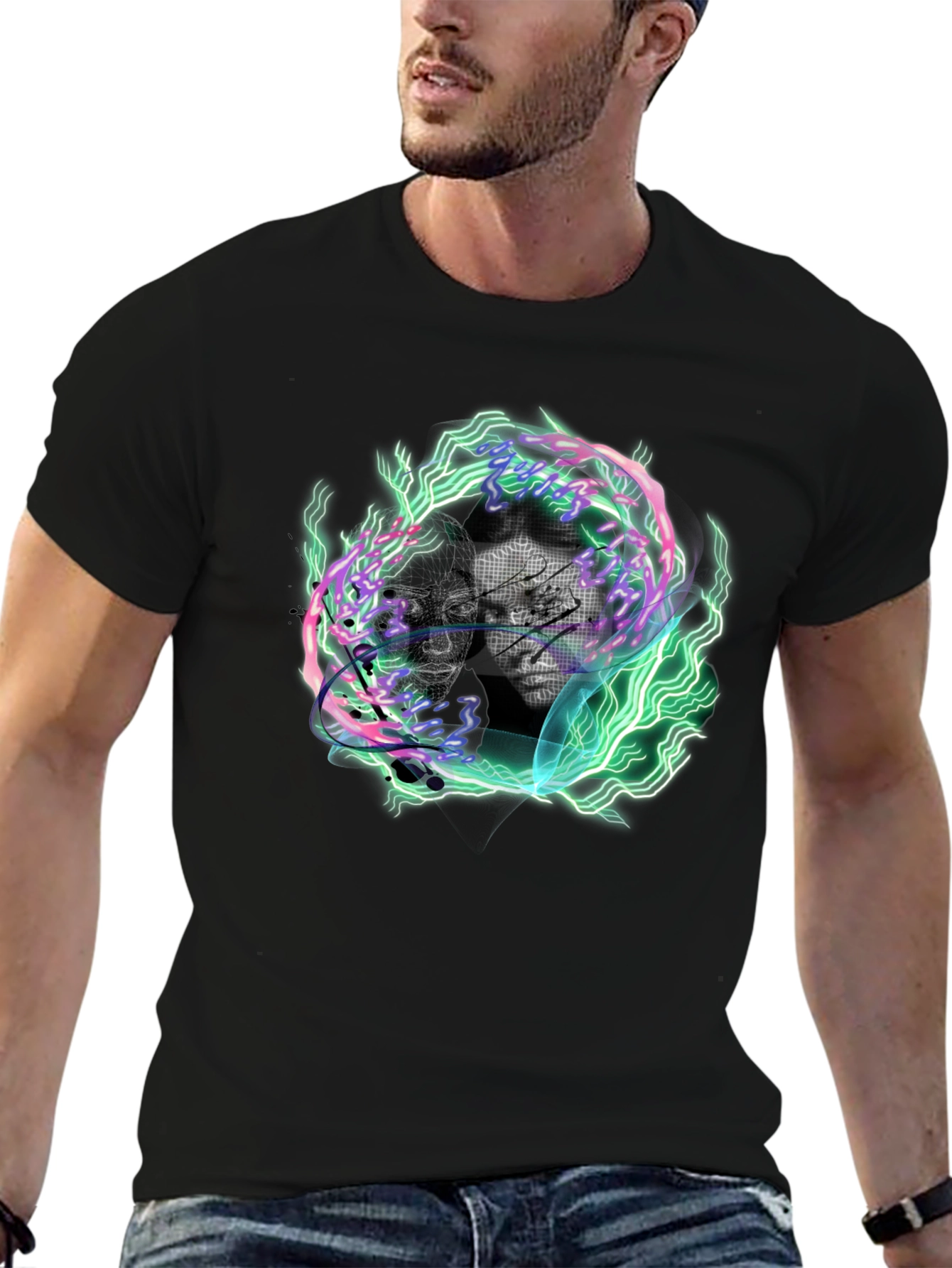 Black Electric Portrait Graphic Tee - Black Cotton Blend view 6
