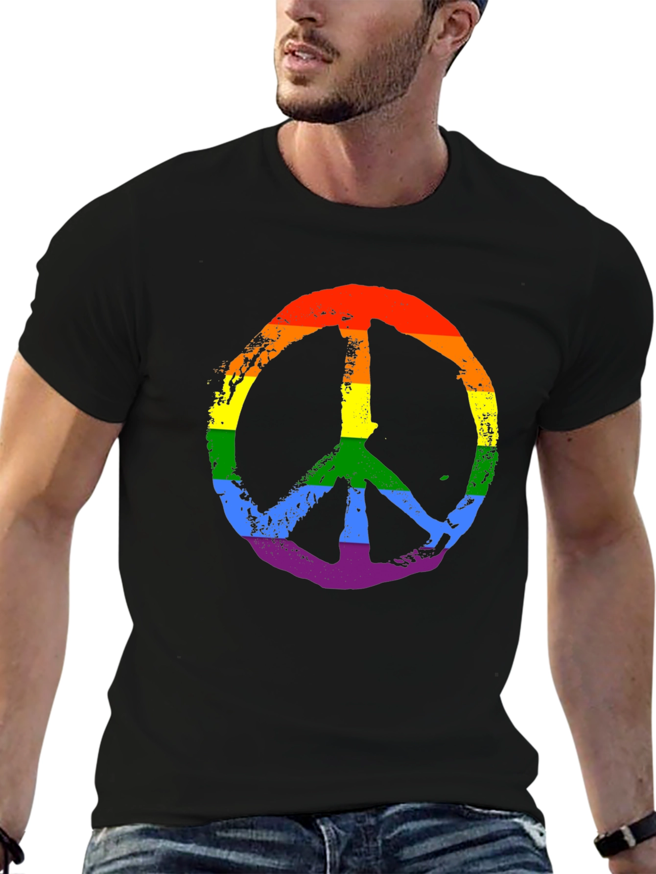 Black Rainbow Peace Sign Graphic Tee - Black Unisex T-Shirt view 6